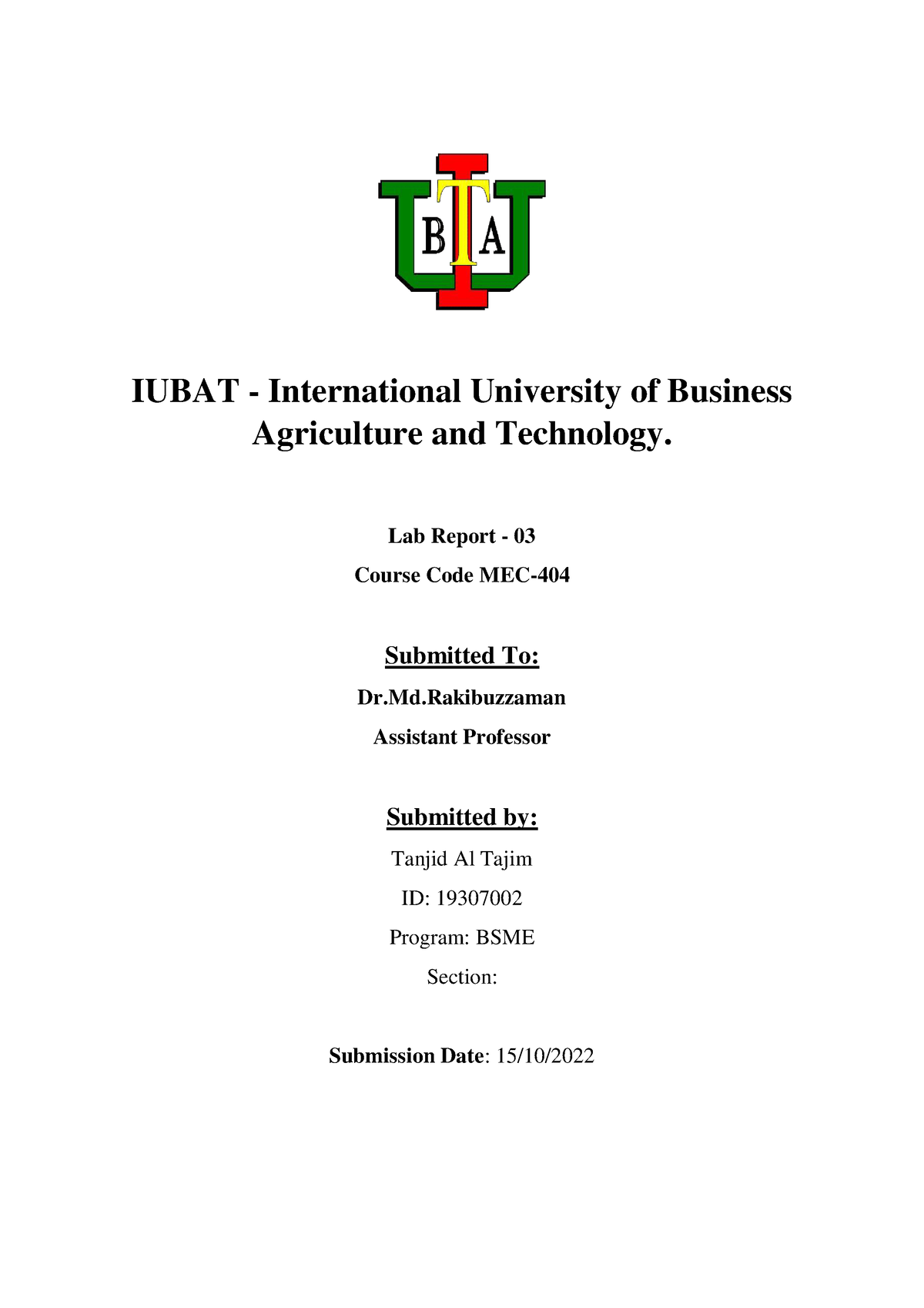 assignment cover page iubat