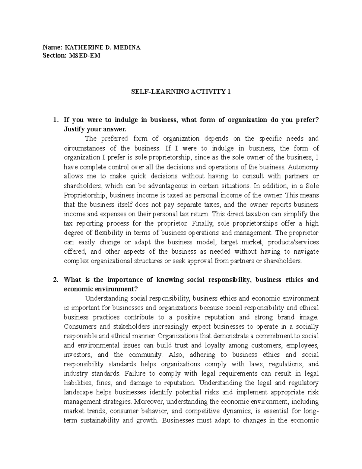 SELF Learning Activity 1 - Name: KATHERINE D. MEDINA Section: MSED-EM ...