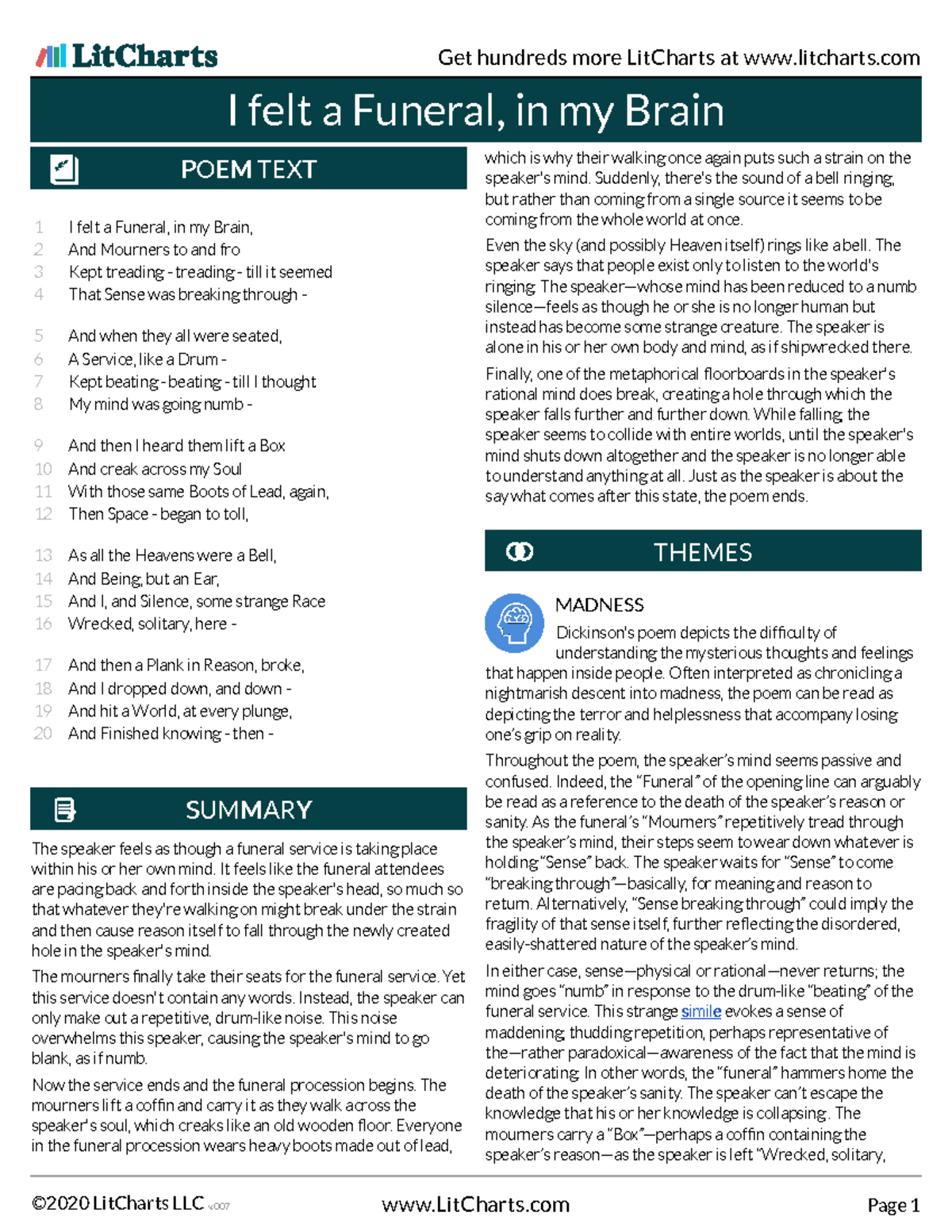 I felt a funeral in my brain by Emily Dickinson I felt a Funeral, in my Brain The speaker