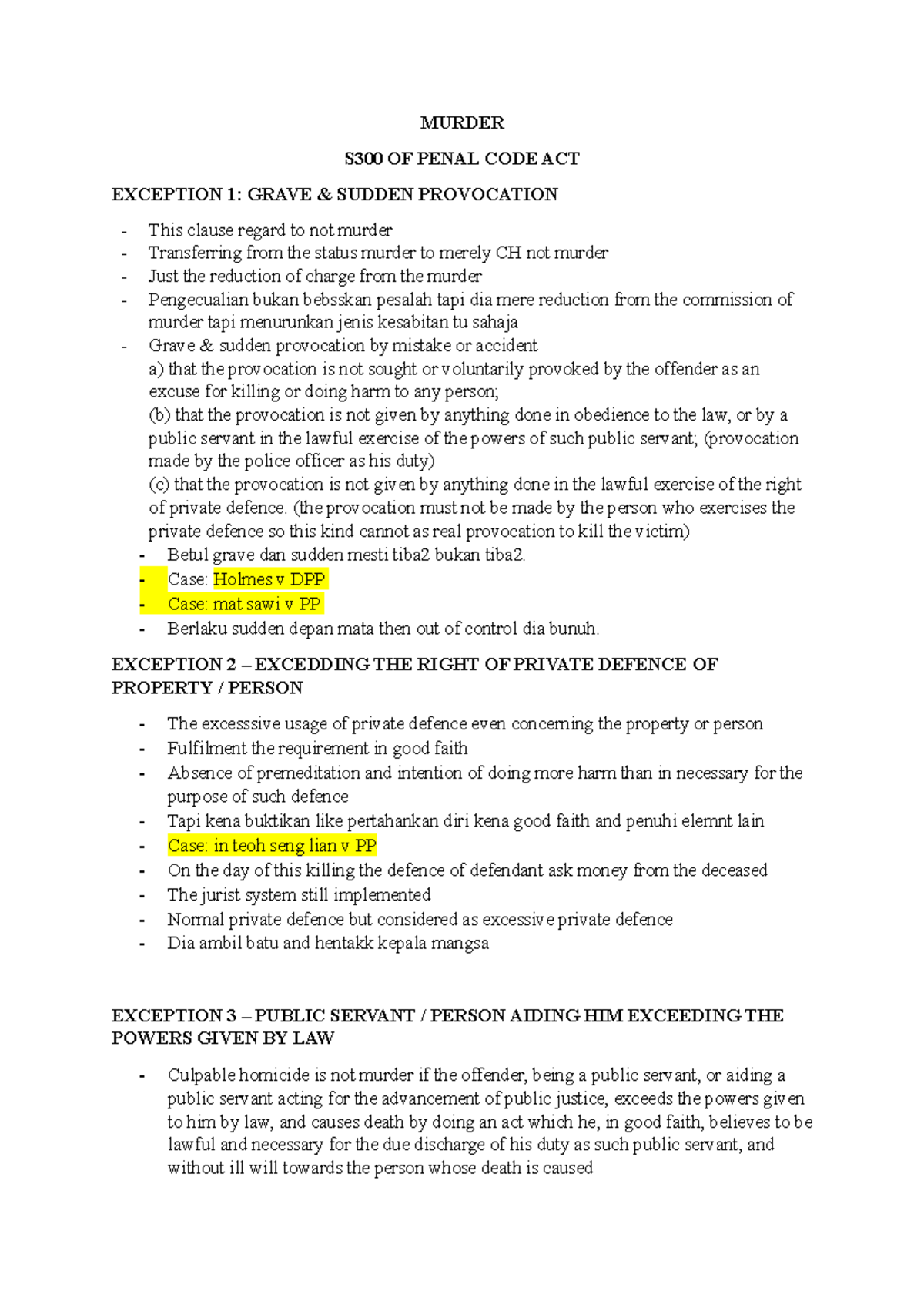 Topic 3 Murder - my own notes - MURDER S300 OF PENAL CODE ACT EXCEPTION ...