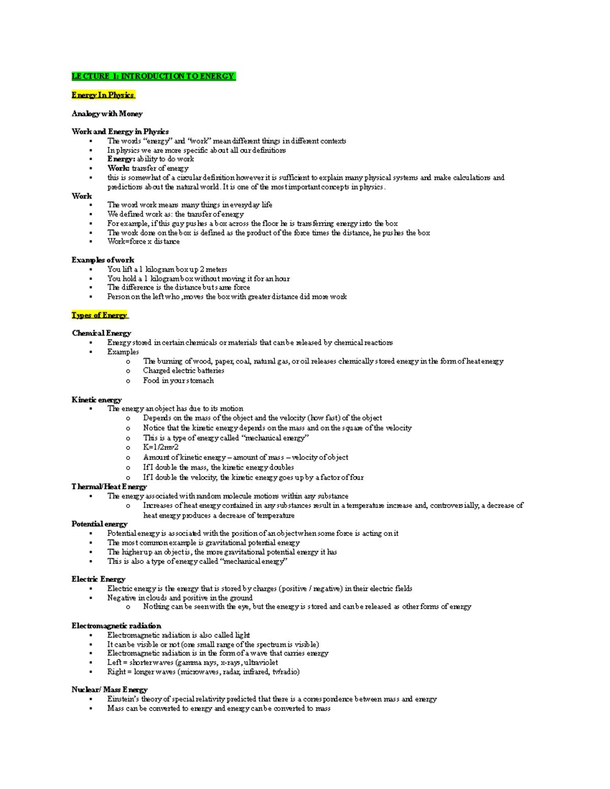 Phys 273 midterm notes - LECTURE 1: INTRODUCTION TO ENERGY Energy In ...