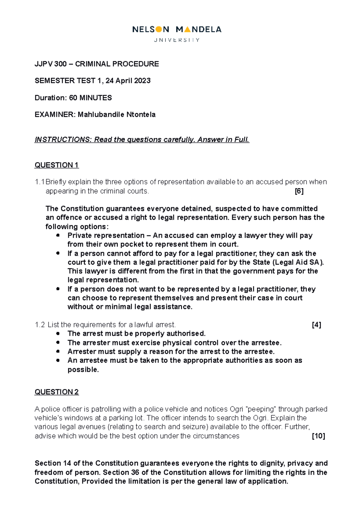 Test 1 Memo 2023 - criminal procedure test 1 memo - JJPV 300 – CRIMINAL ...