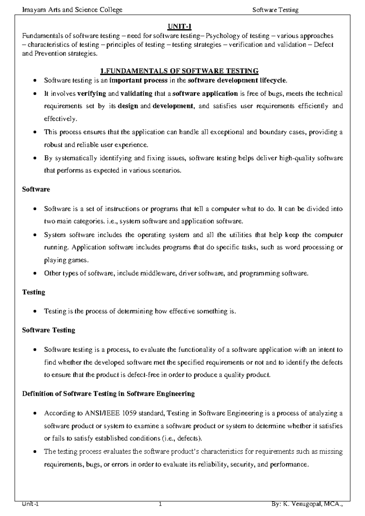 St Unit-1 - For Luck - Unit-i Fundamentals Of Software Testing – Need 