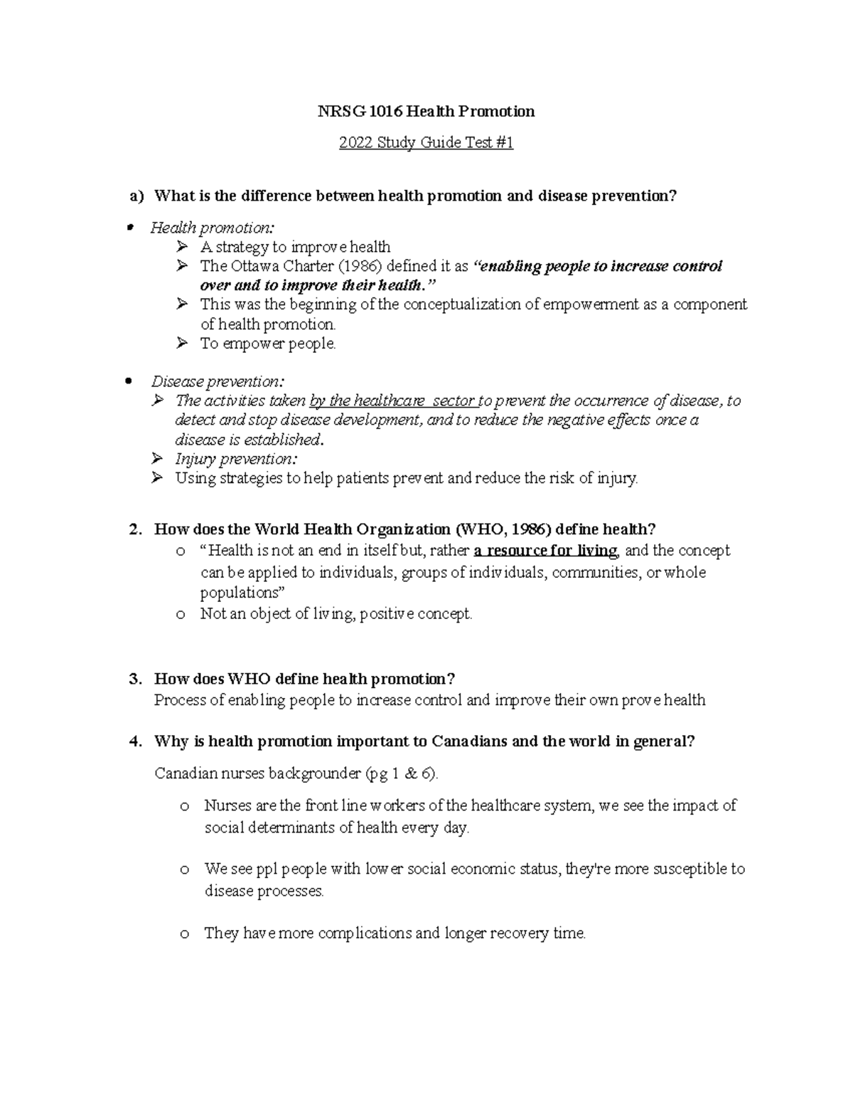 Test 1 Study guide NRSG 1016 Health Promotion 2022 Study Guide Test