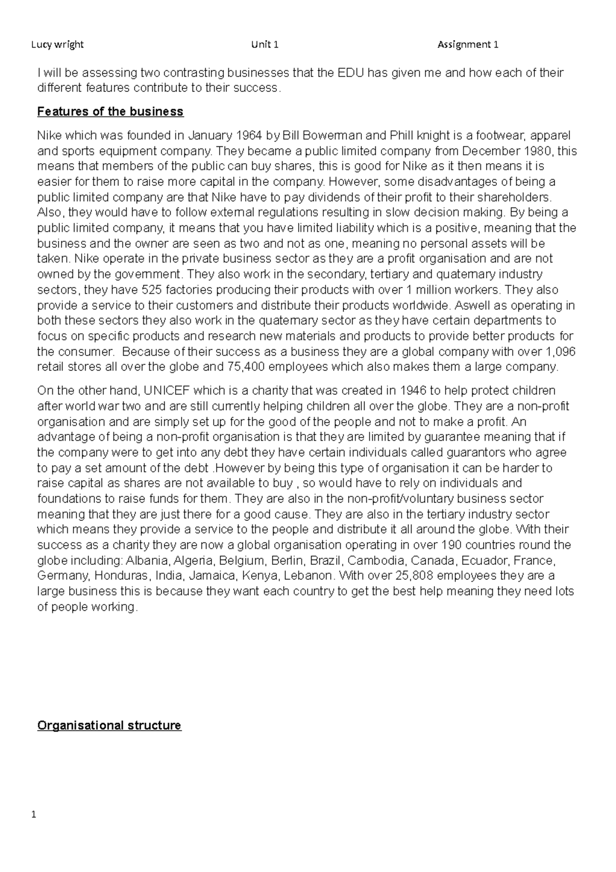 Assignment 1 Business Coursework - I will be assessing two contrasting ...