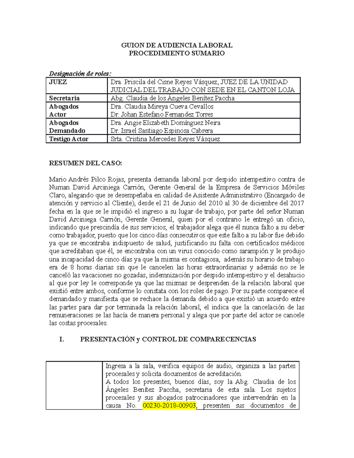 Audiencia-Sumario - GUION DE AUDIENCIA LABORAL PROCEDIMIENTO SUMARIO ...