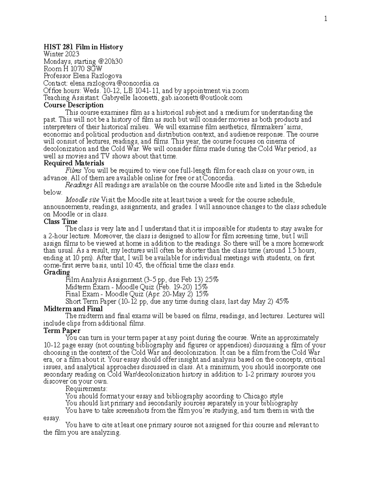 HIST 281 Film in History - HIST 281 Film in History Winter 2023 Mondays ...