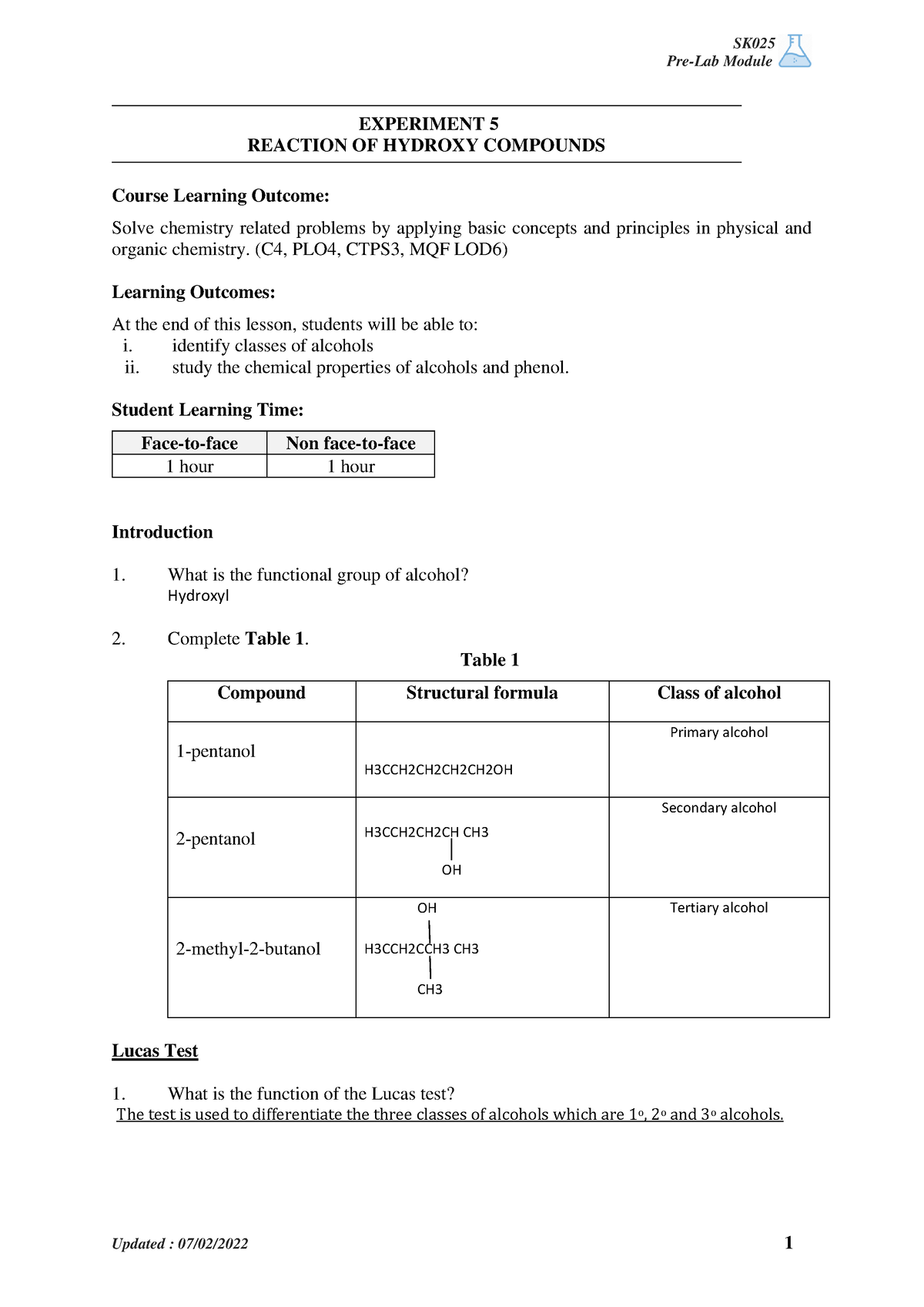 pre lab experiment 5 chemistry matriculation