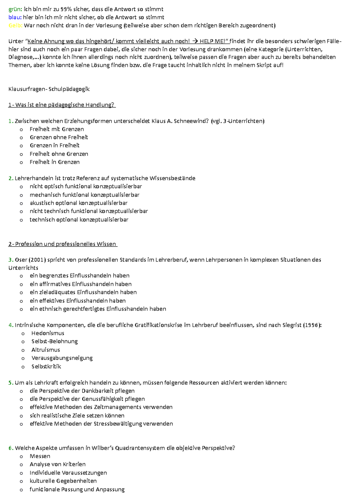 Alle Altklausurfragen ohne Lösung 2 - Einführung in die Schulpädagogik ...