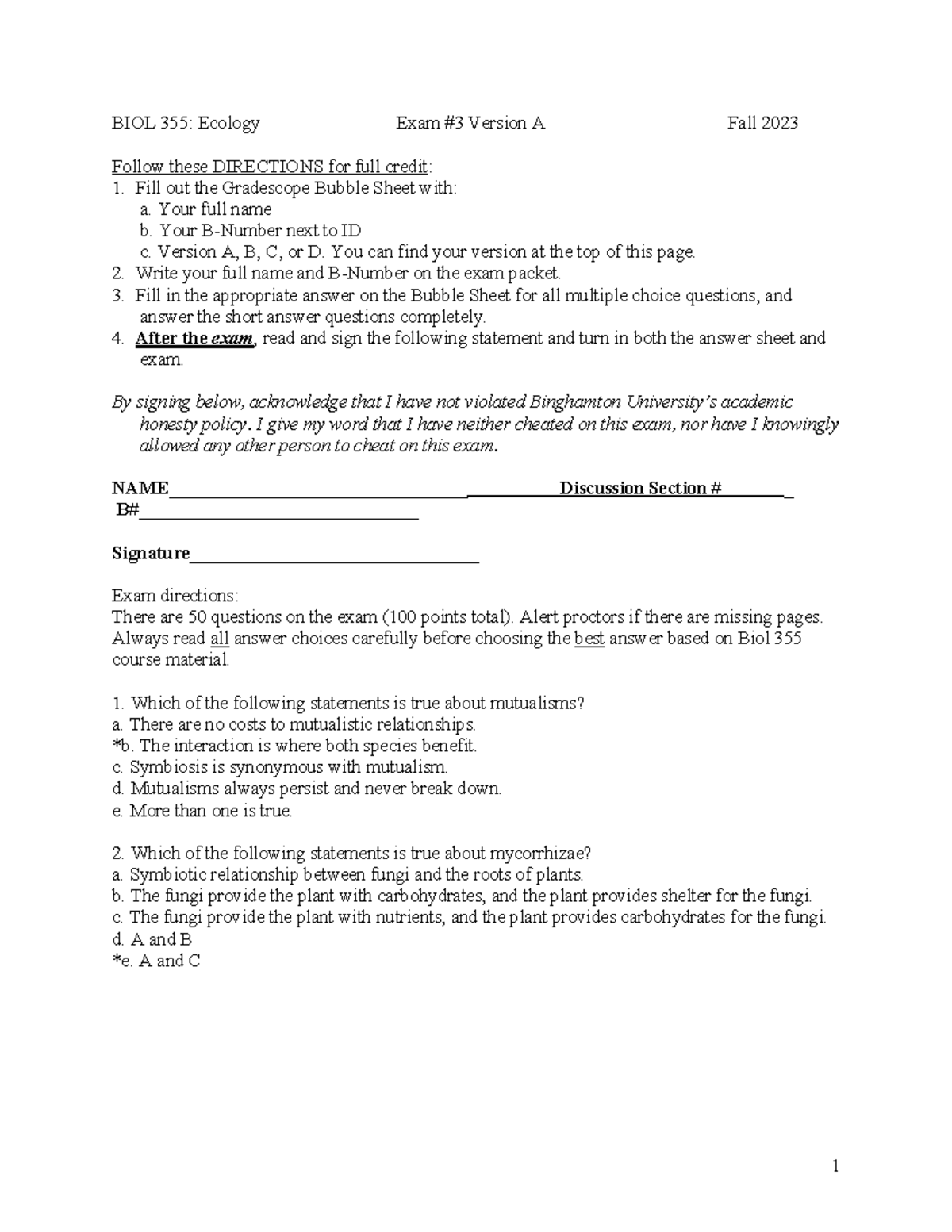 Exam #3A Answer Key - Exam 3 key - BIOL 355: Ecology Exam # 3 Version A ...
