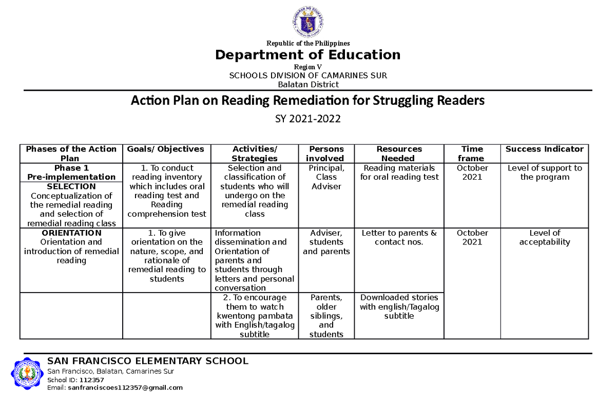 Action Plan on Reading Remediation for Struggling Readers - October ...