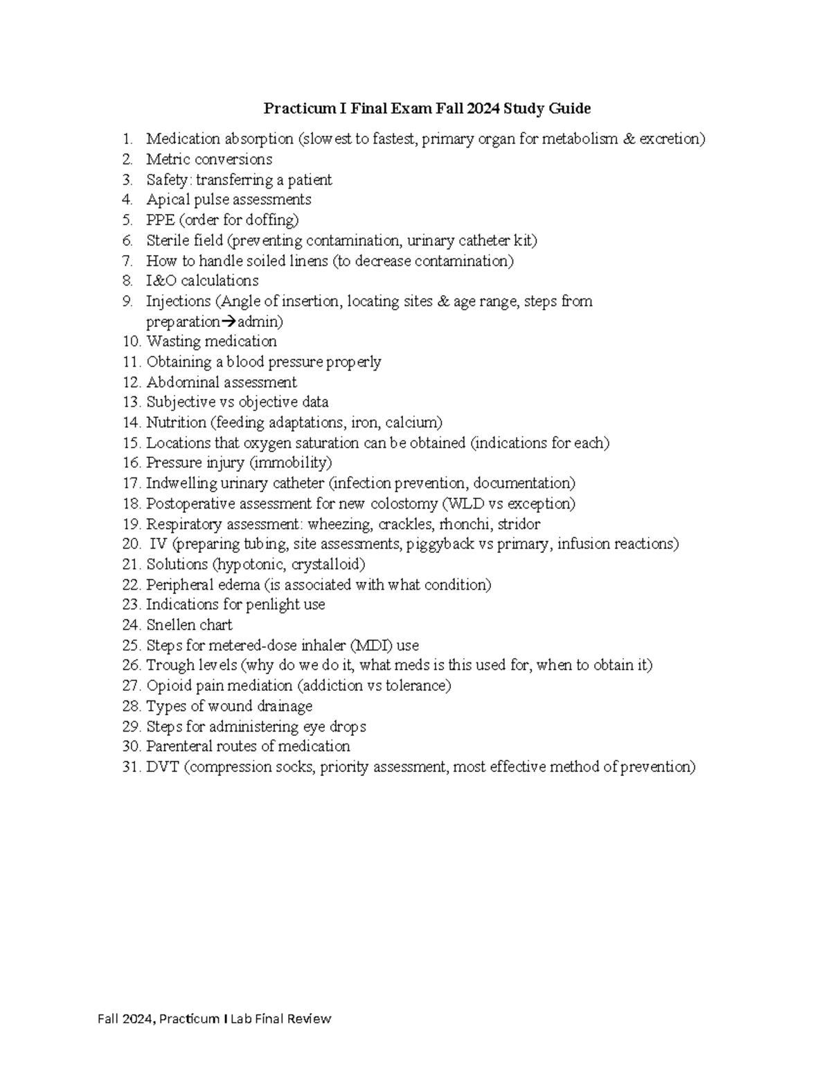 Fall 2024 Final Topic Outline - Practicum I Final Exam Fall 2024 Study ...