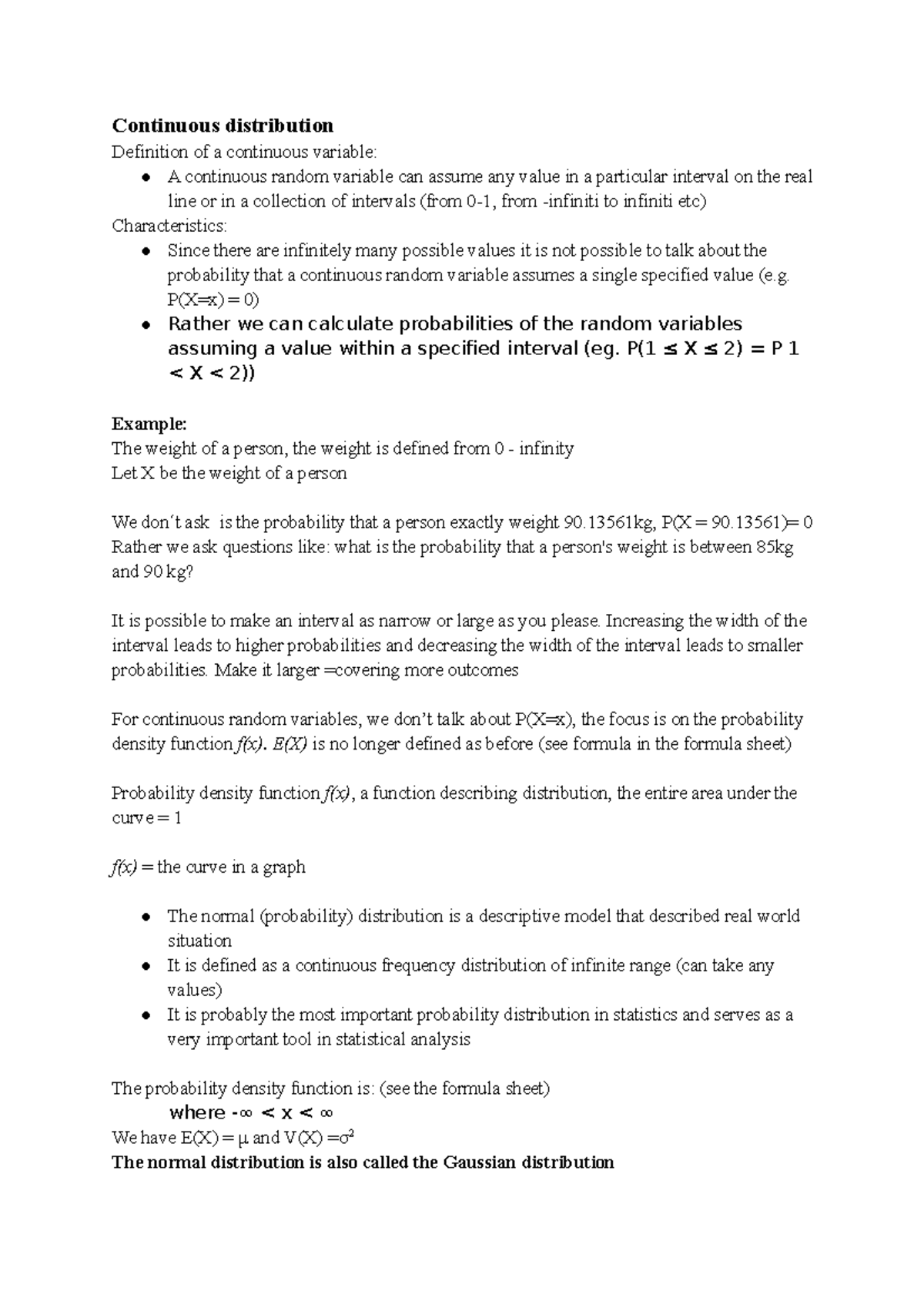 Lecture 4, Continuous Distribution - Continuous Distribution Definition 