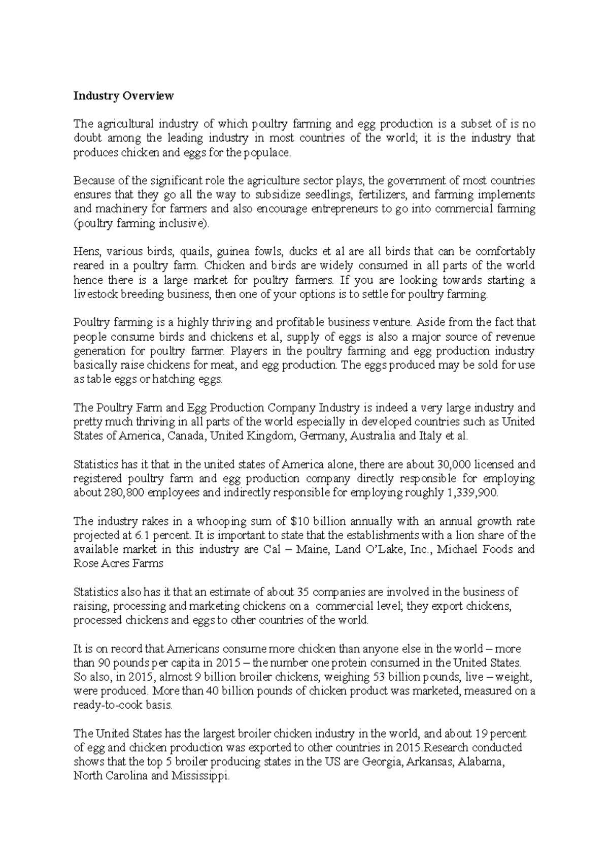 Business plan poultry Industry Overview The agricultural industry of