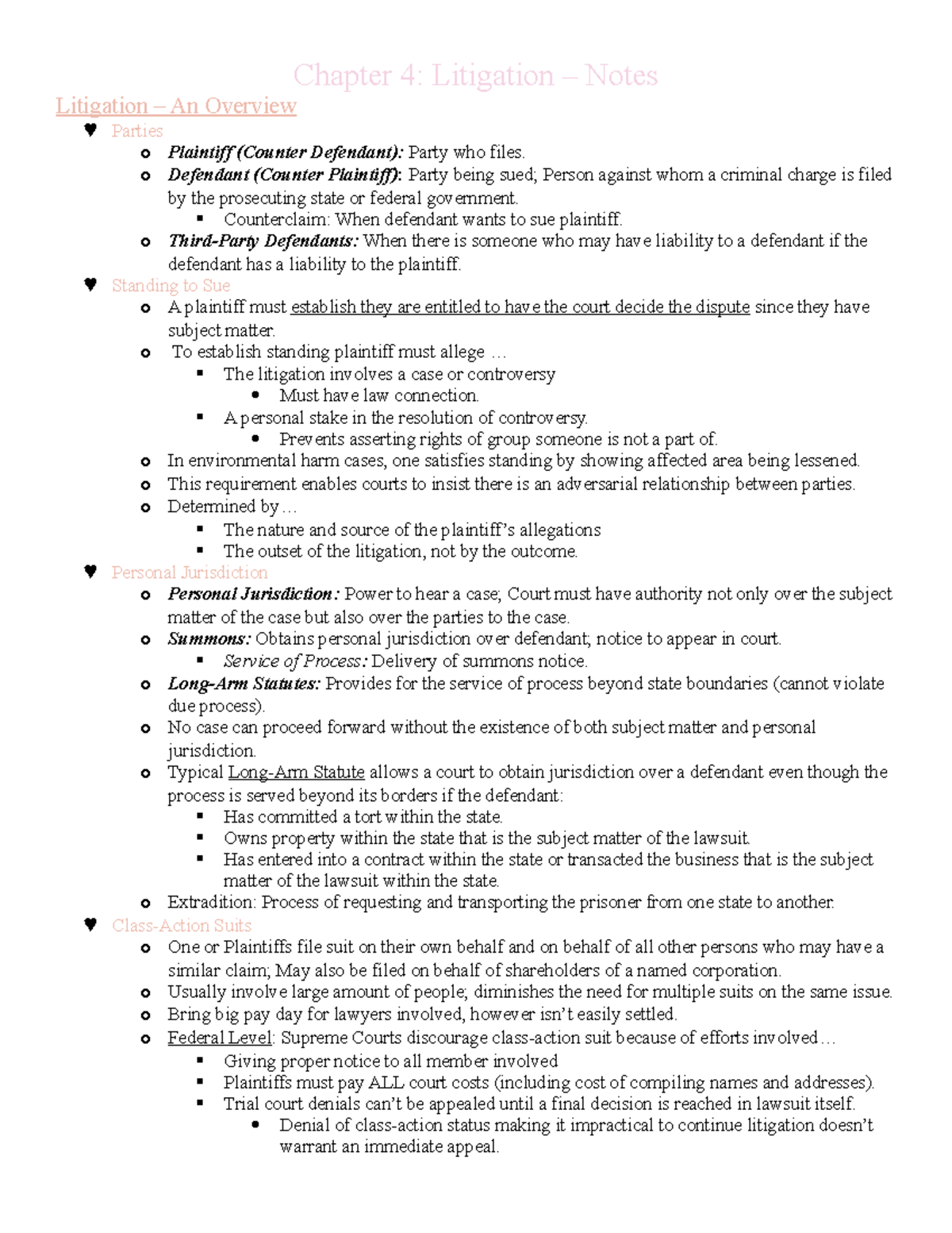 BLAW CH. 4 ~ Notes - Chapter 4: Litigation – Notes Litigation – An ...