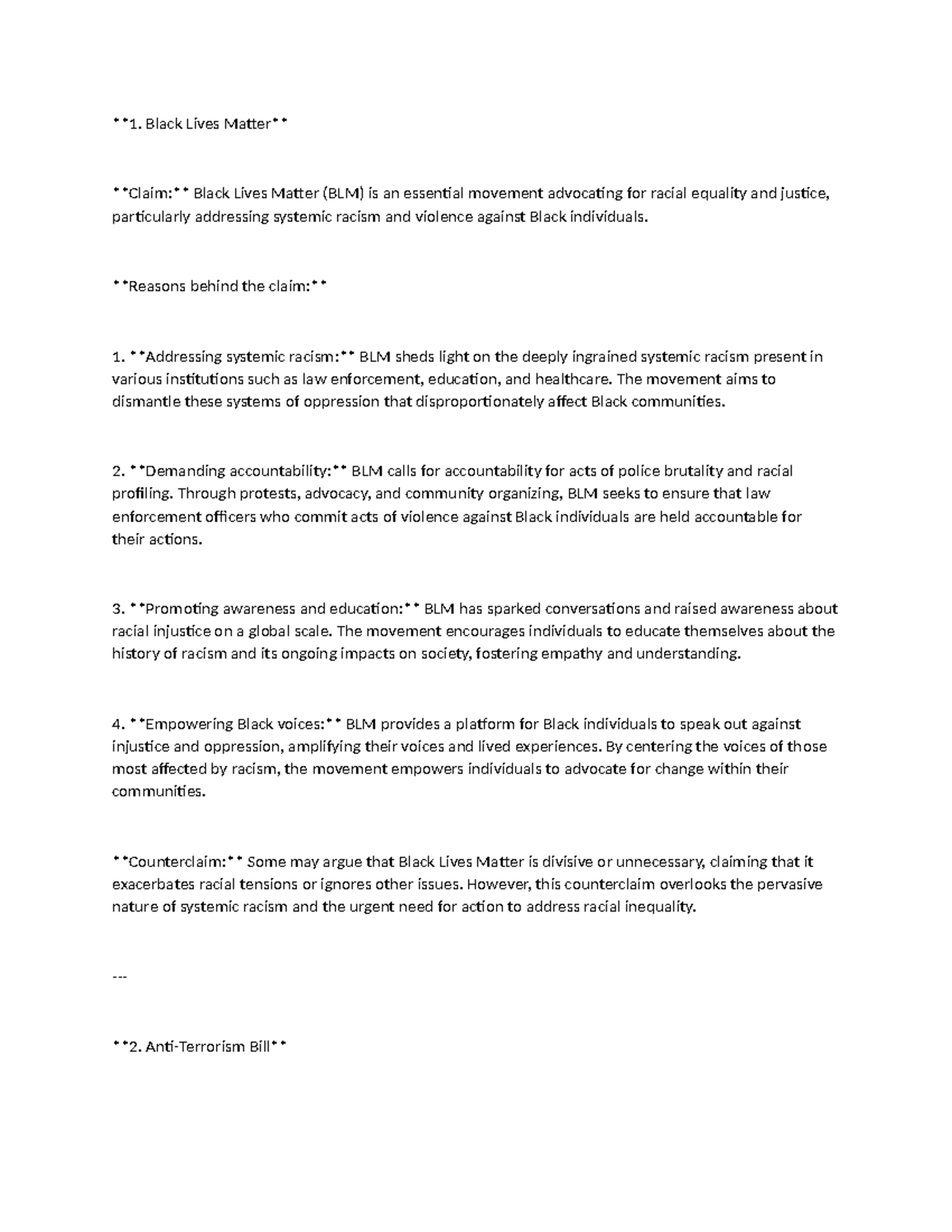 1 - answers of some docu for g11 - 1. Black Lives Matter Claim: Black ...