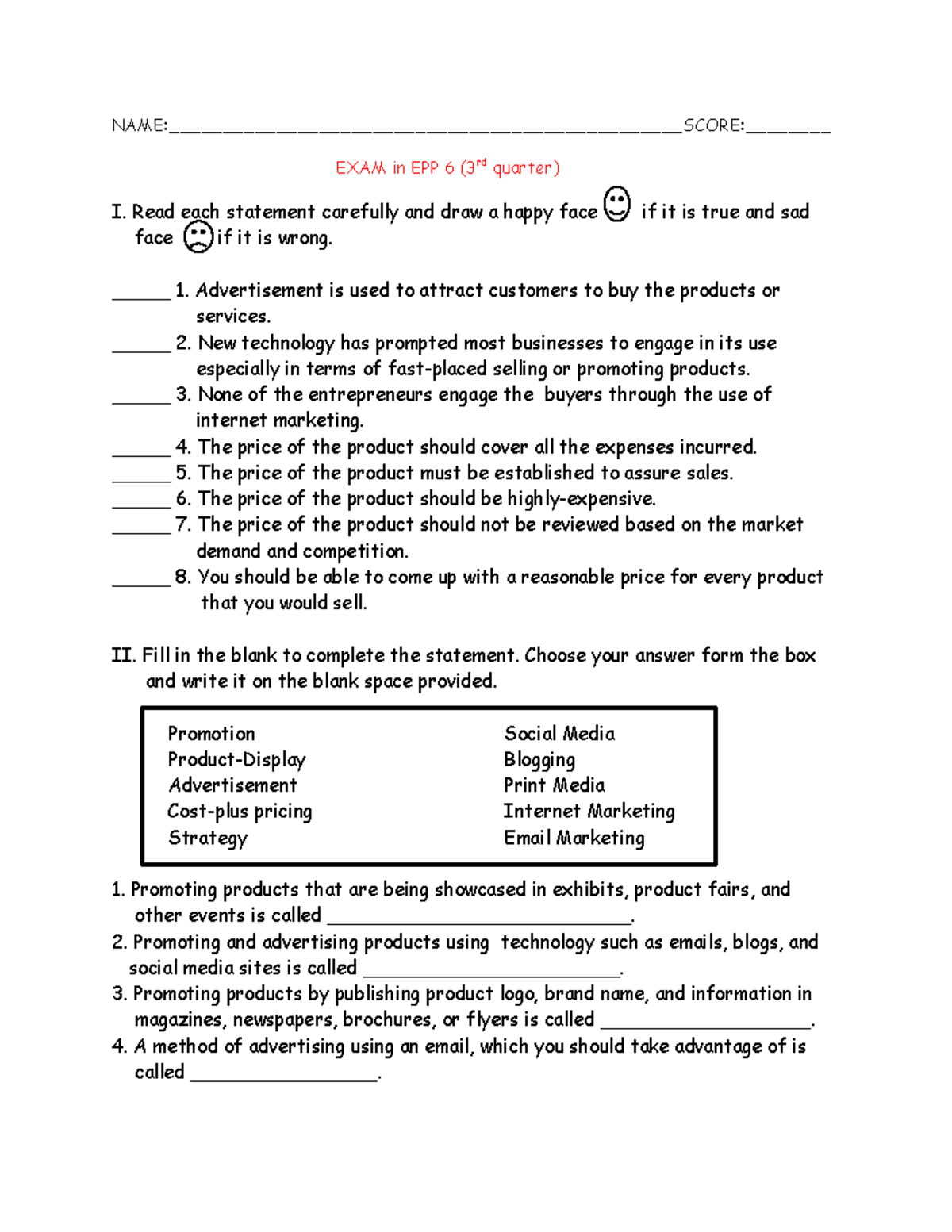 EXAm in EPP 3rd - NAME:________________________________________SCORE ...