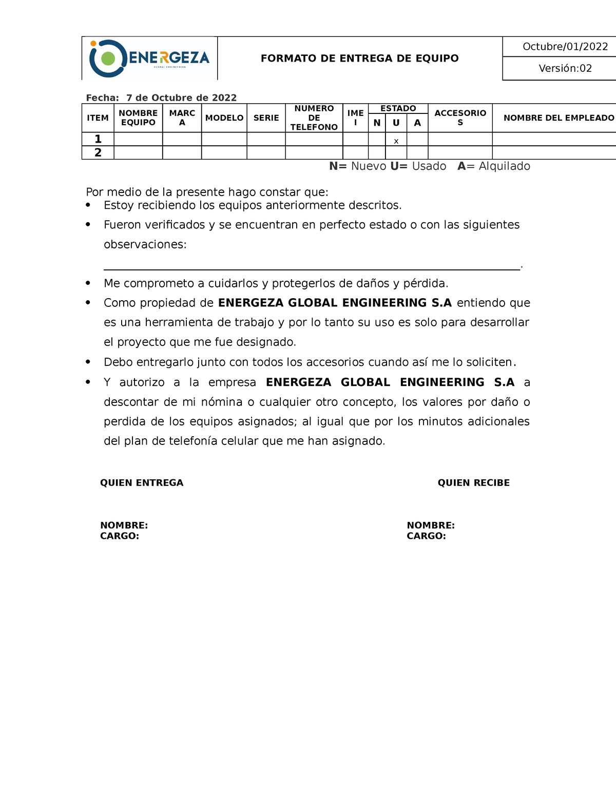 Ga Acta Entrega Y Devolución De Equipos Formato De Entrega De Equipo Octubre01 Versión 0613