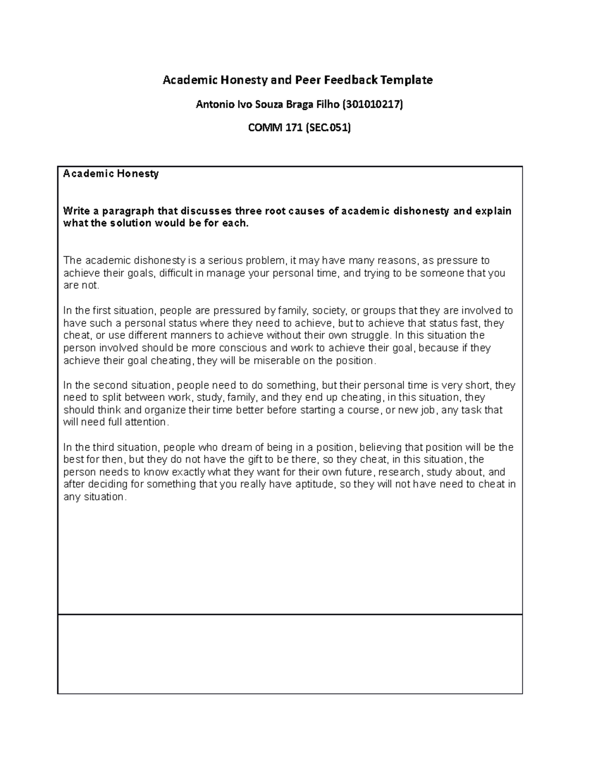 Academic Honesty and Peer Feedback Template - The academic dishonesty ...