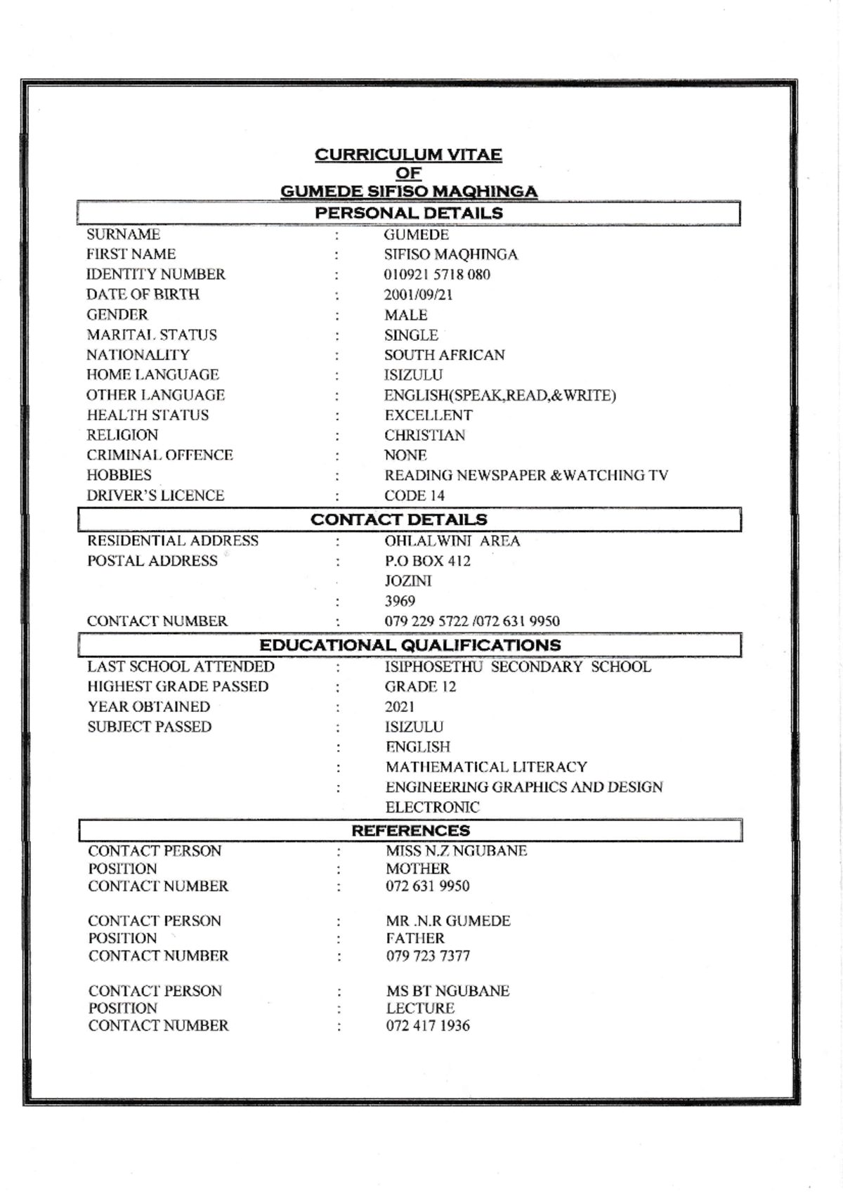 CV - I need notes from excel book - CURRICULUM VITAE OF PERSONAL ...