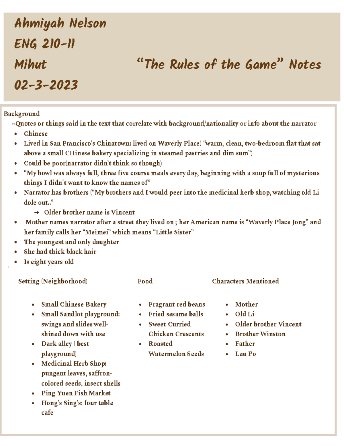 Rules of the Game Notes - Ahmiyah Nelson ENG 210- Mihut “The Rules of ...