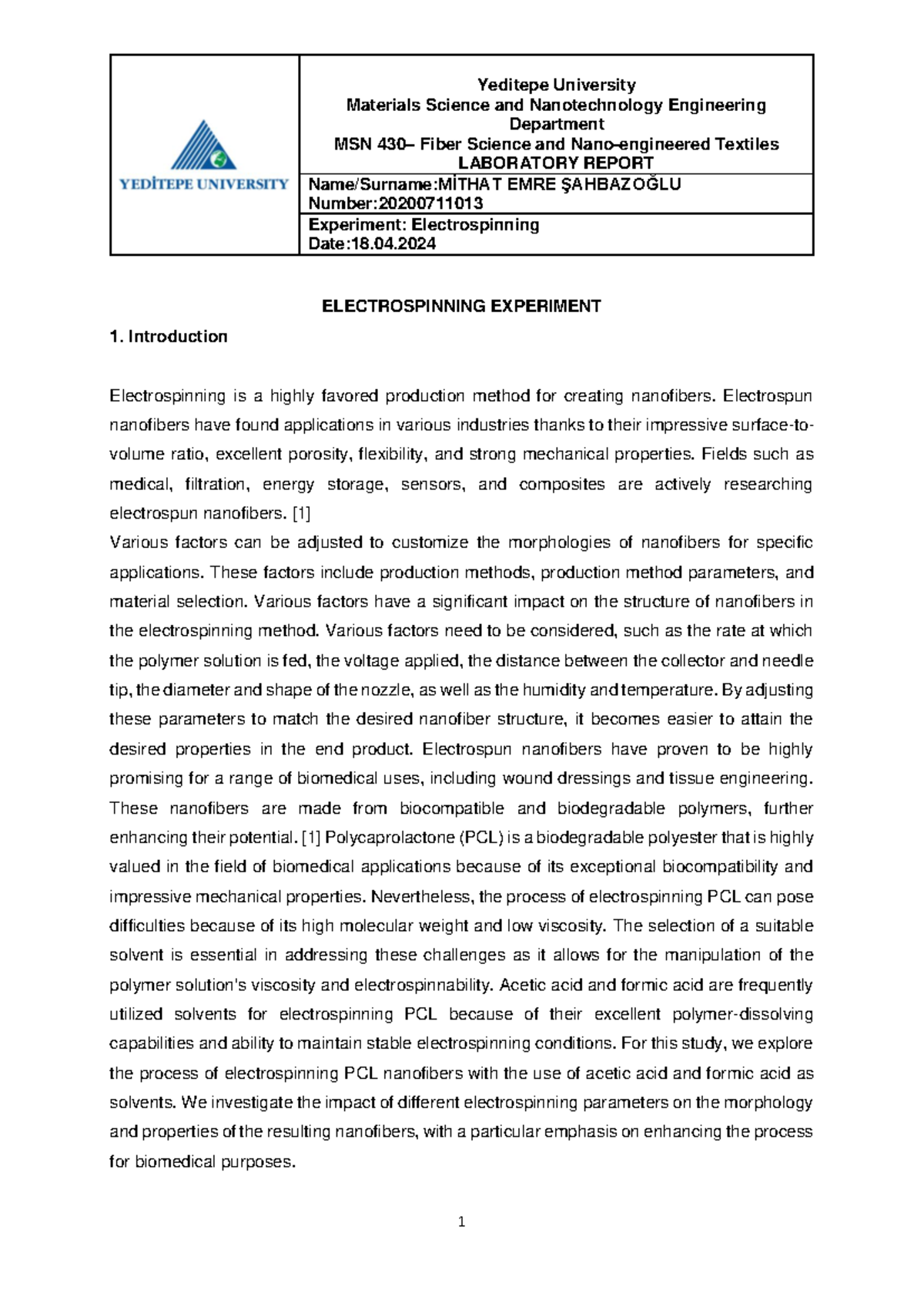 Electrospinning Report - Materials Science and Nanotechnology ...