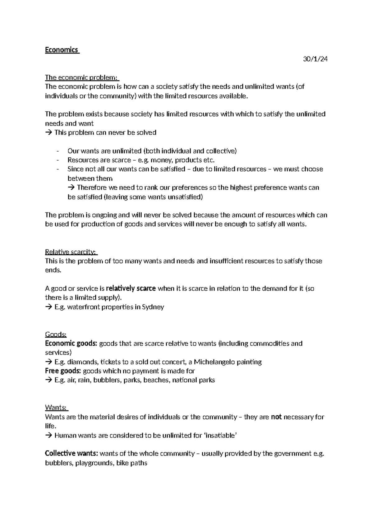 Economics - notes - Economics 30/1/ The economic problem: The economic ...