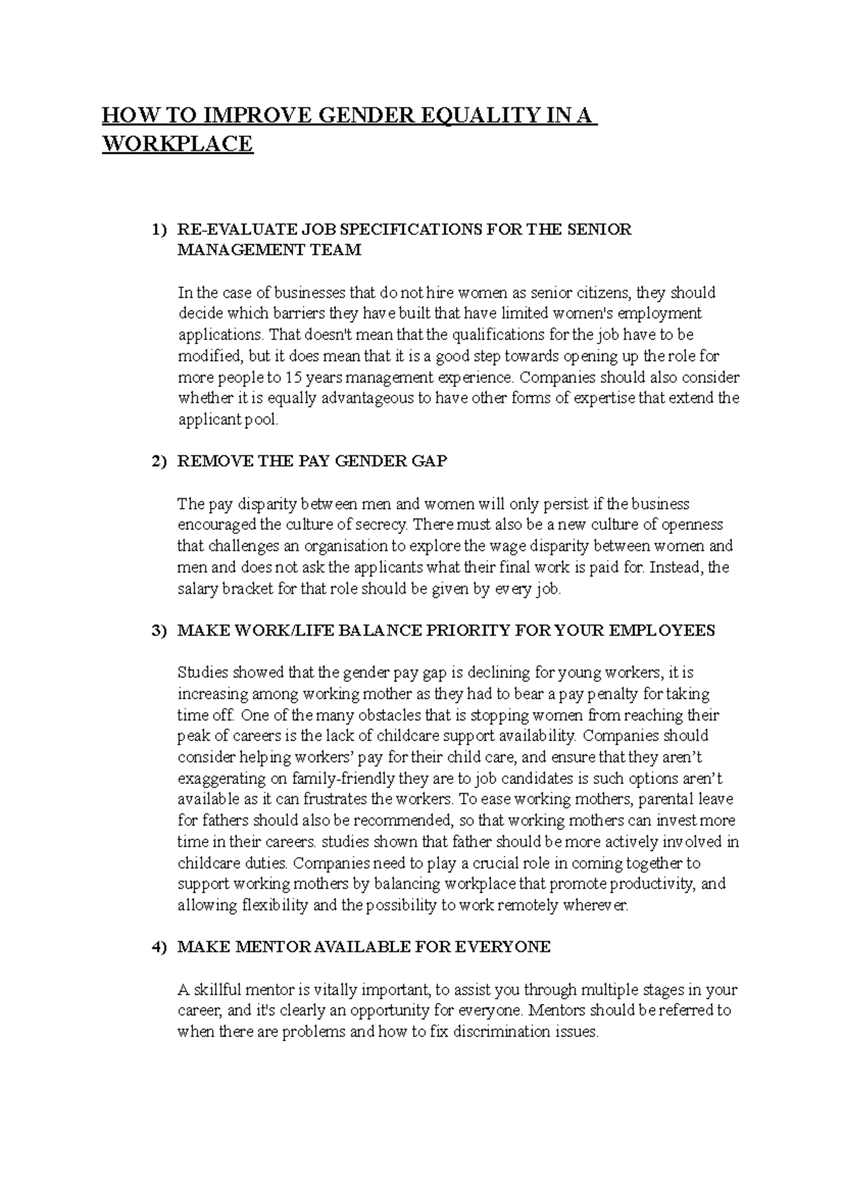 Gender Equality - HOW TO IMPROVE GENDER EQUALITY IN A WORKPLACE 1) RE ...