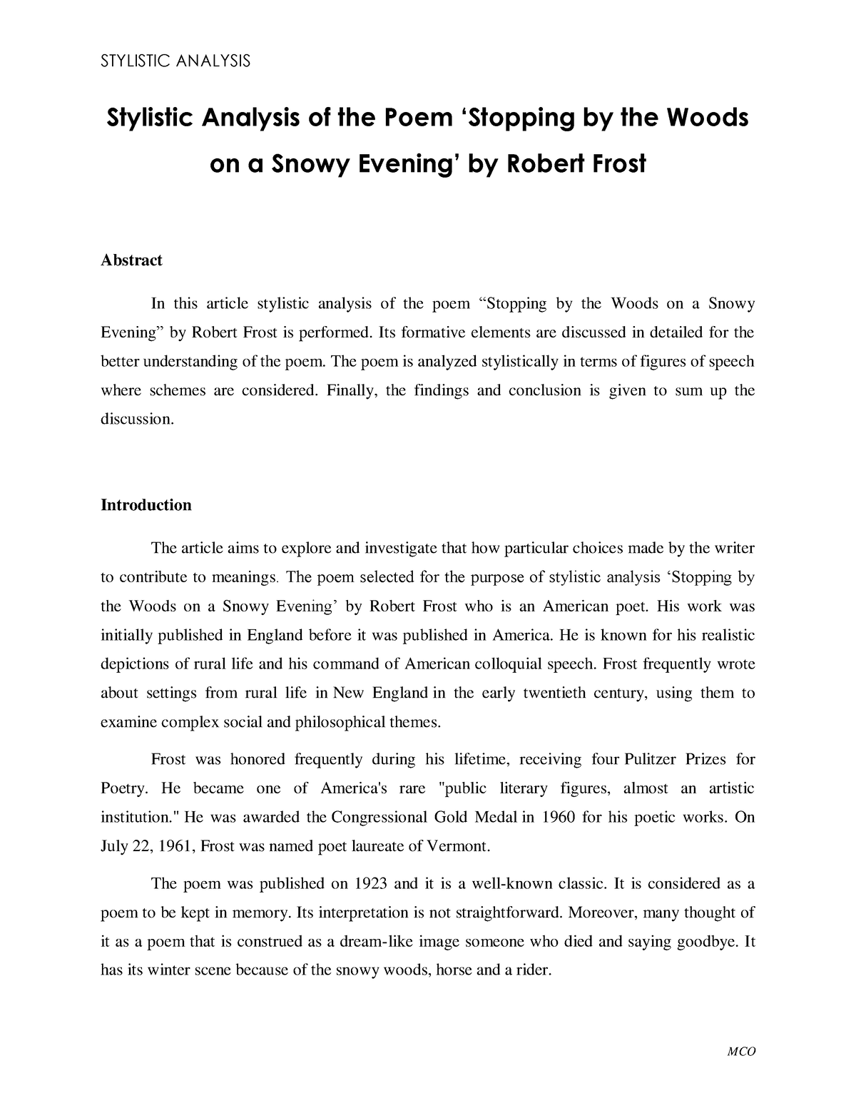 Stylistic Analysis Of The Poem ‘Stopping By The Woods On A Snowy ...