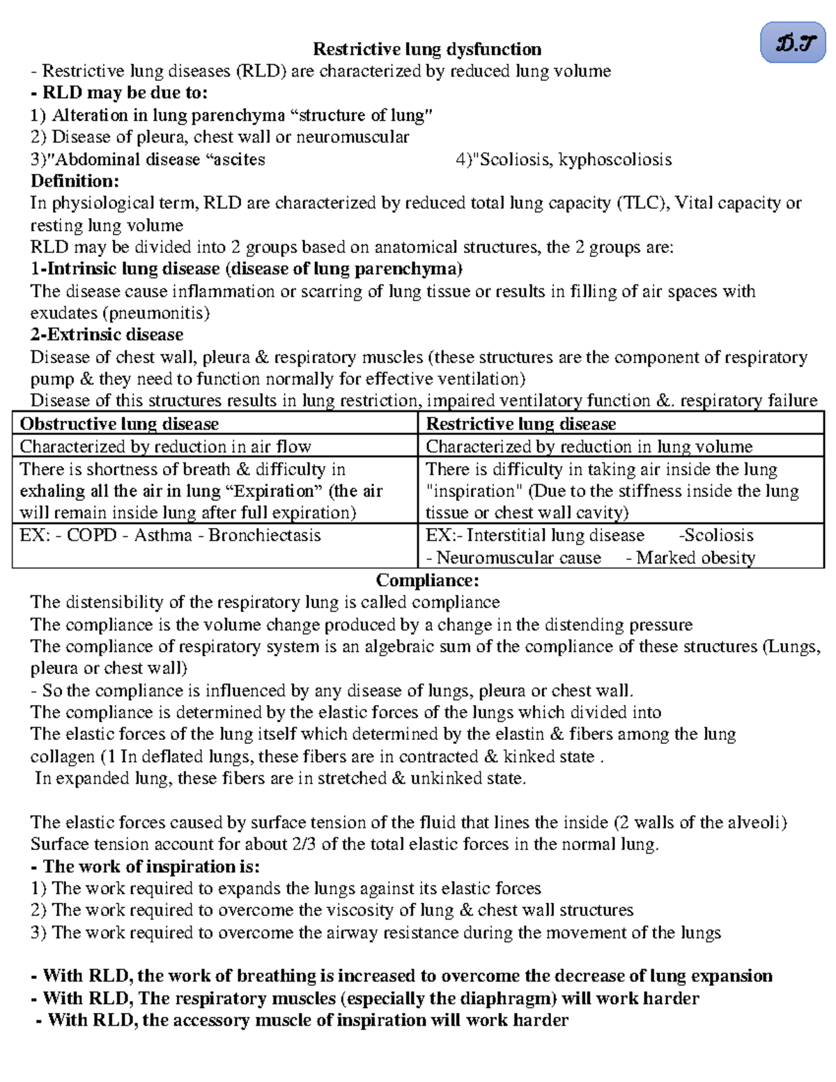 RLD - lec - Restrictive lung dysfunction Restrictive lung diseases (RLD ...