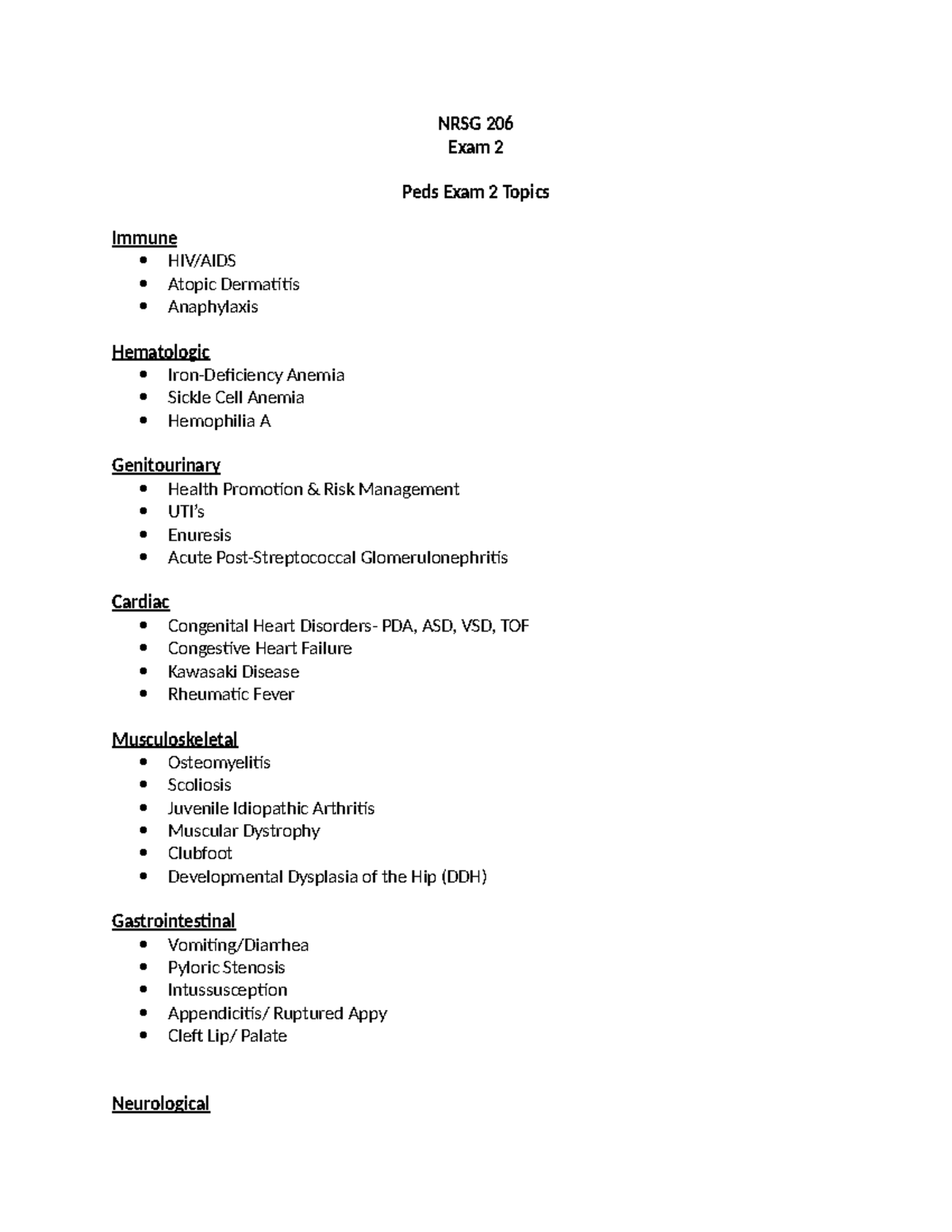 NRSG 206 Exam 2 Study Guide: Key Pediatric Conditions - NRSG 206 Exam 2 ...