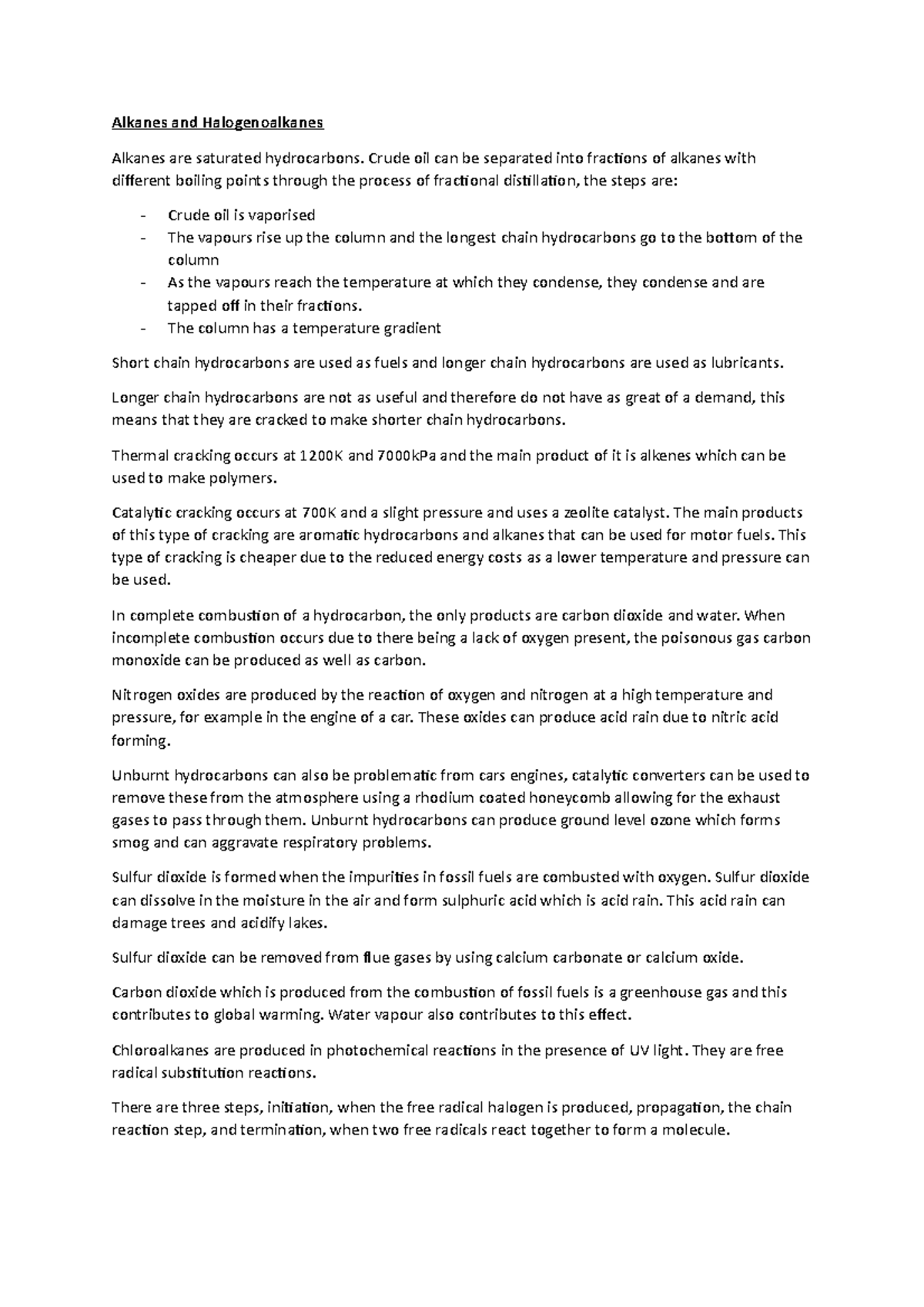 A level Chemistry Notes Alkanes and Halogenoalkanes - Studocu