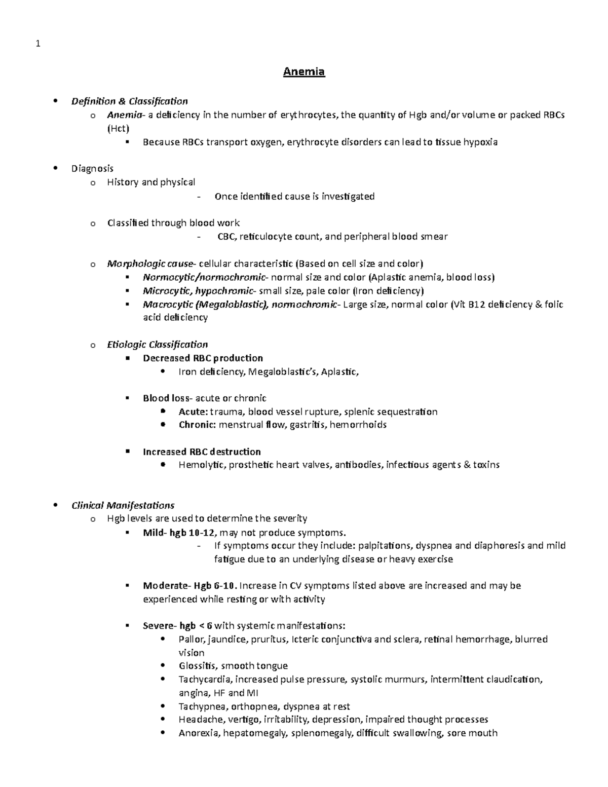 Anemias 2 document Study Guide Anemia Definition & Classification