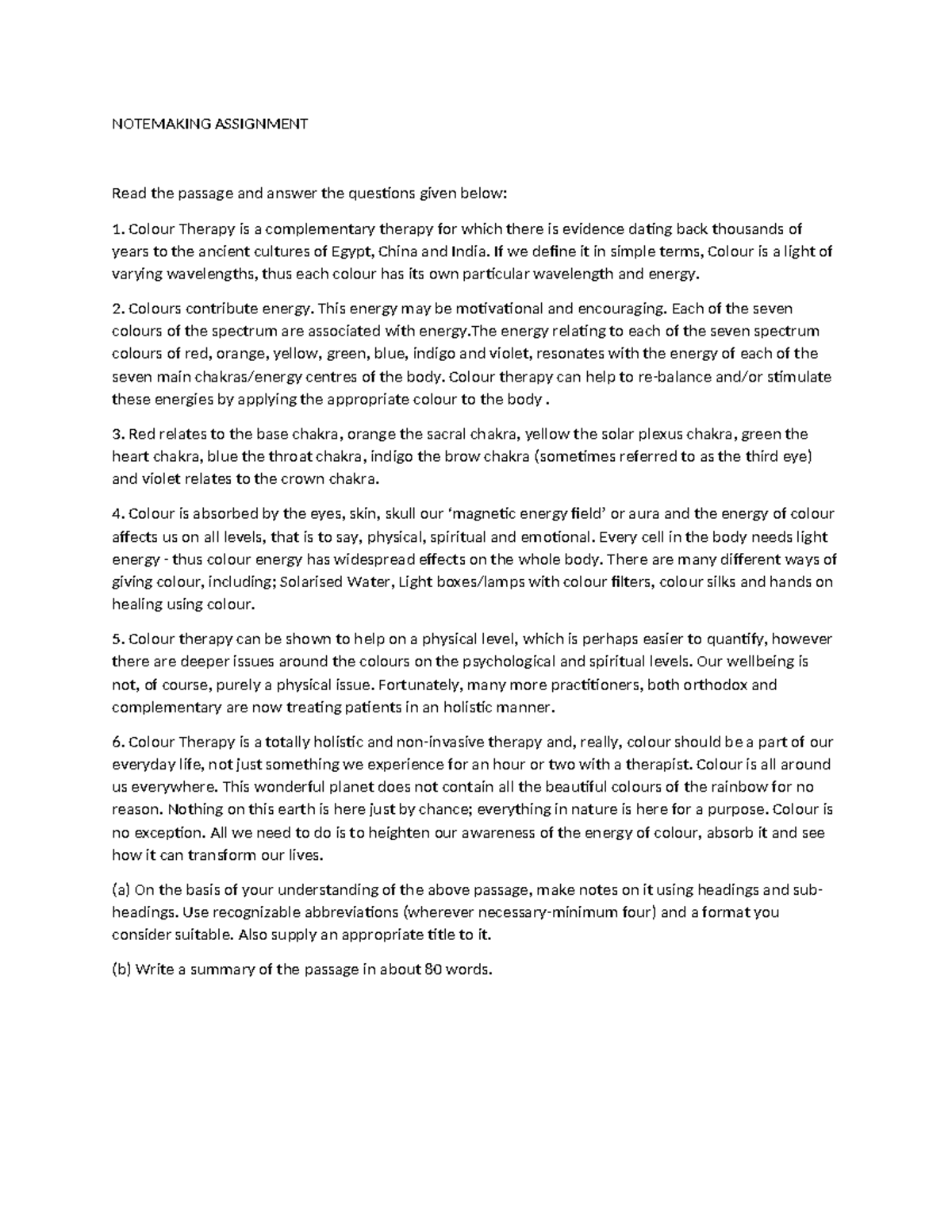 Notemaking Assignment - NOTEMAKING ASSIGNMENT Read the passage and ...