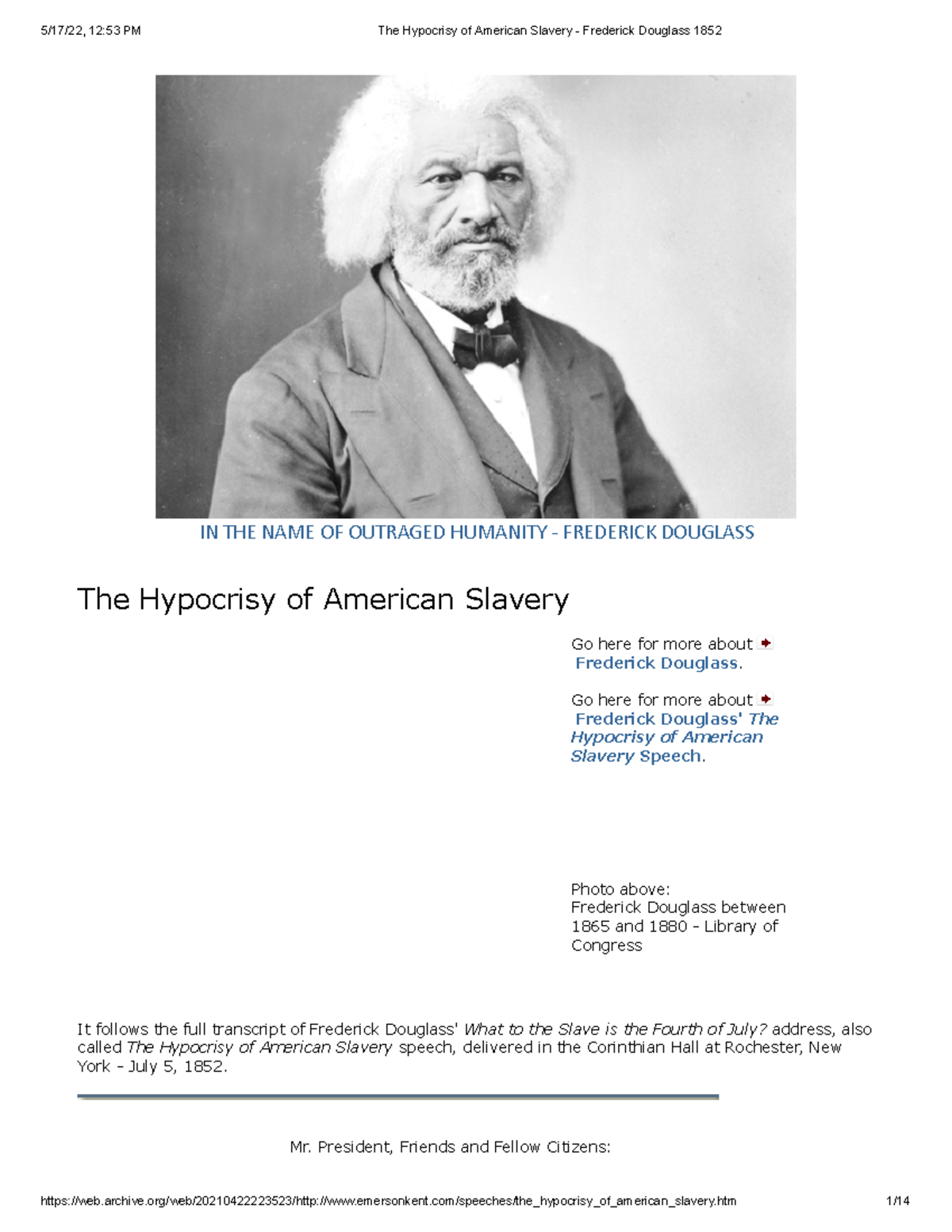 The Hypocrisy of American Slavery Frederick Douglass 1852 - IN THE NAME ...