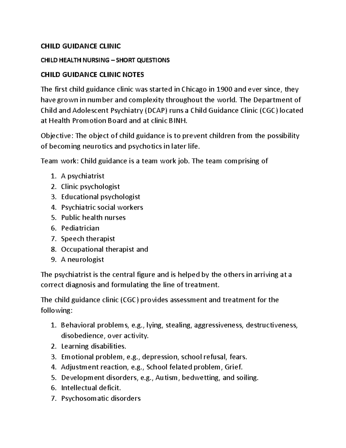 CHILD GUIDANCE CLINIC CHILD GUIDANCE CLINIC CHILD HEALTH NURSING