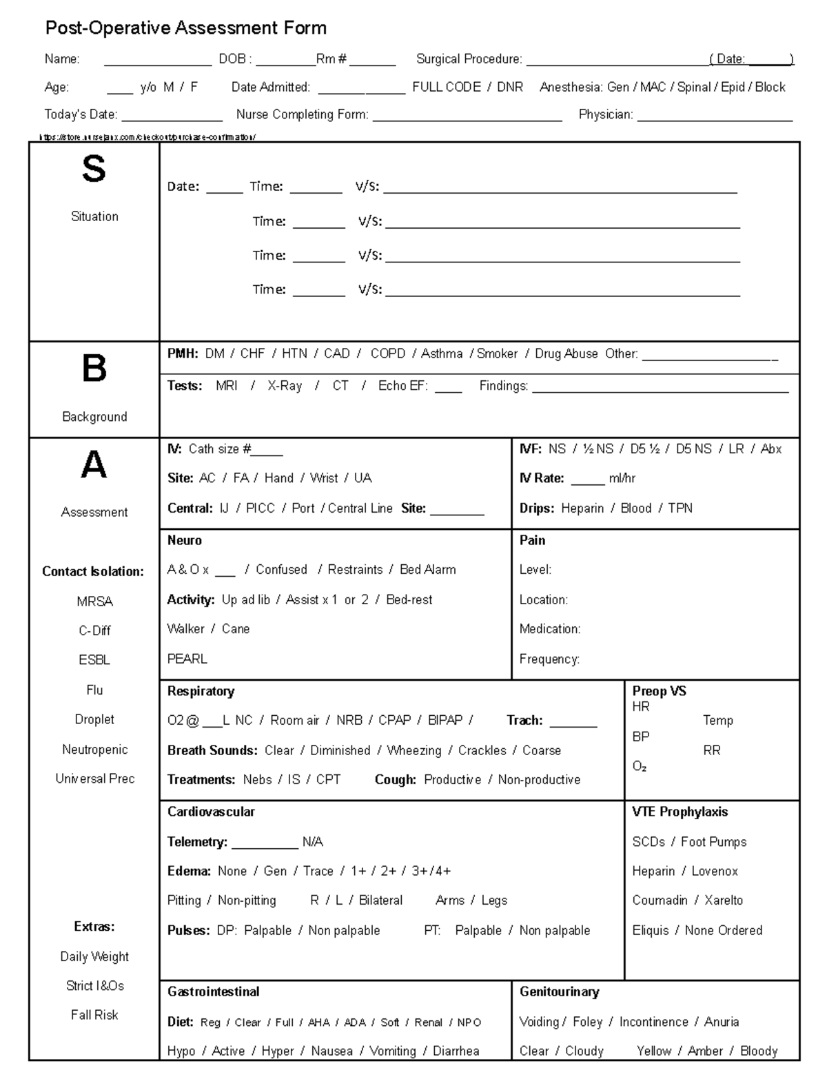 SBARFullsizeNursingReportSheet Post OP Assessment PostOperative