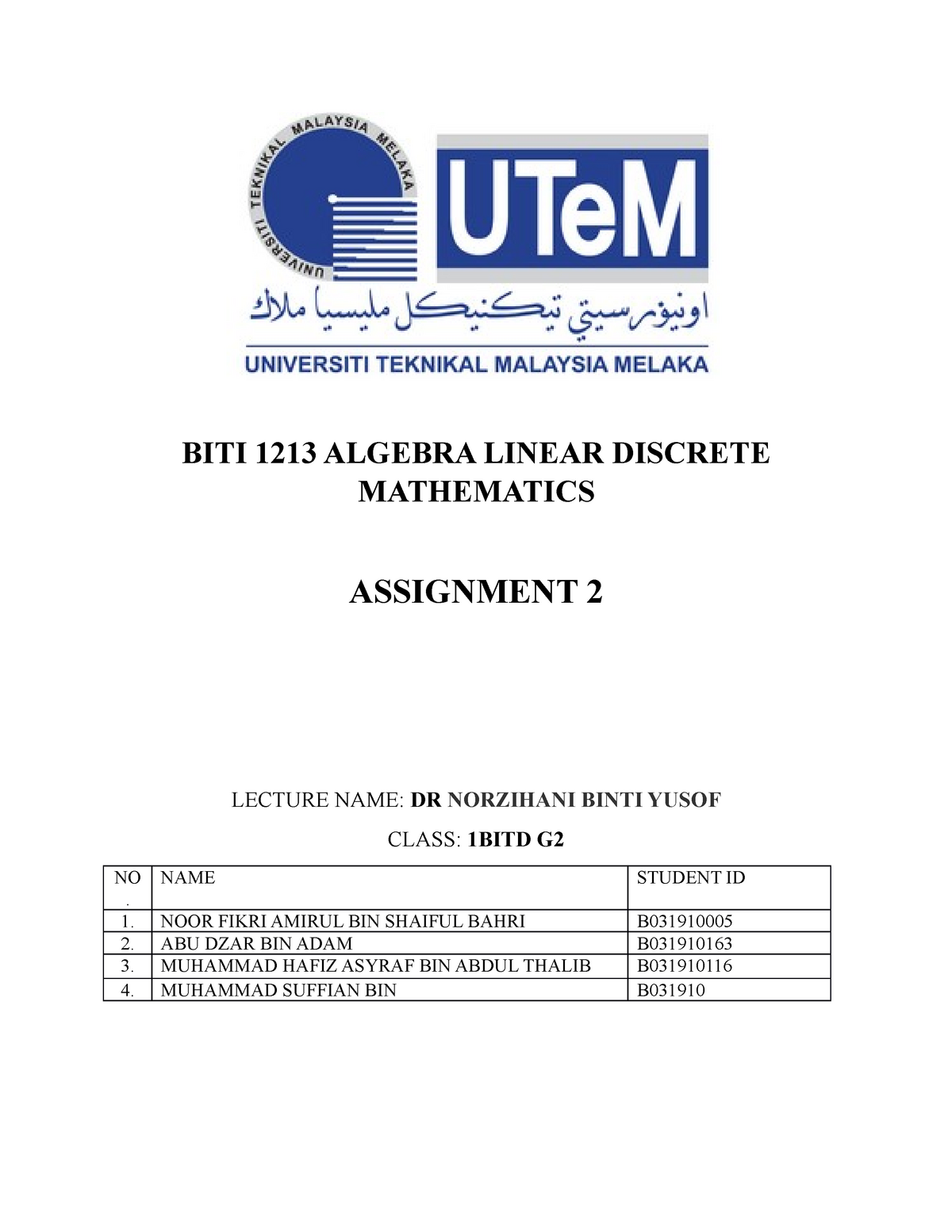 Assignment Math 2 - BITI 1213 ALGEBRA LINEAR DISCRETE MATHEMATICS ...