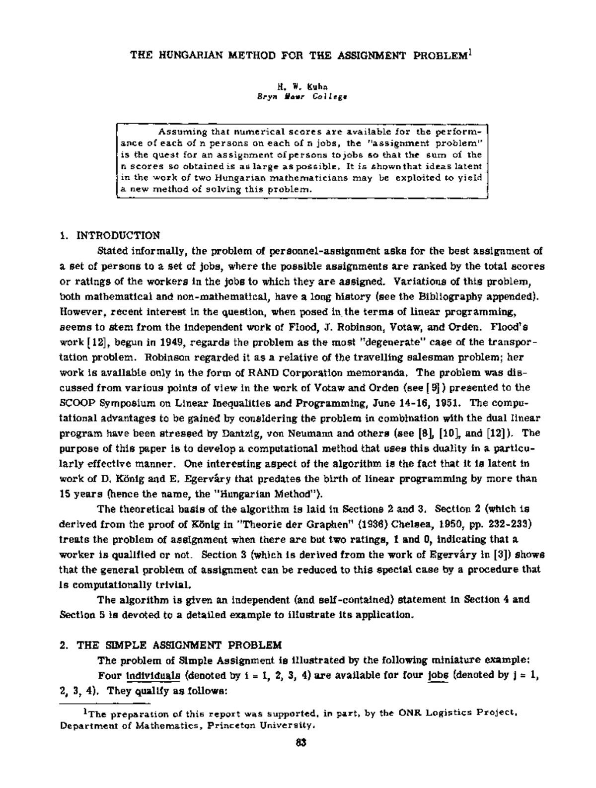 the hungarian method for the assignment problem kuhn