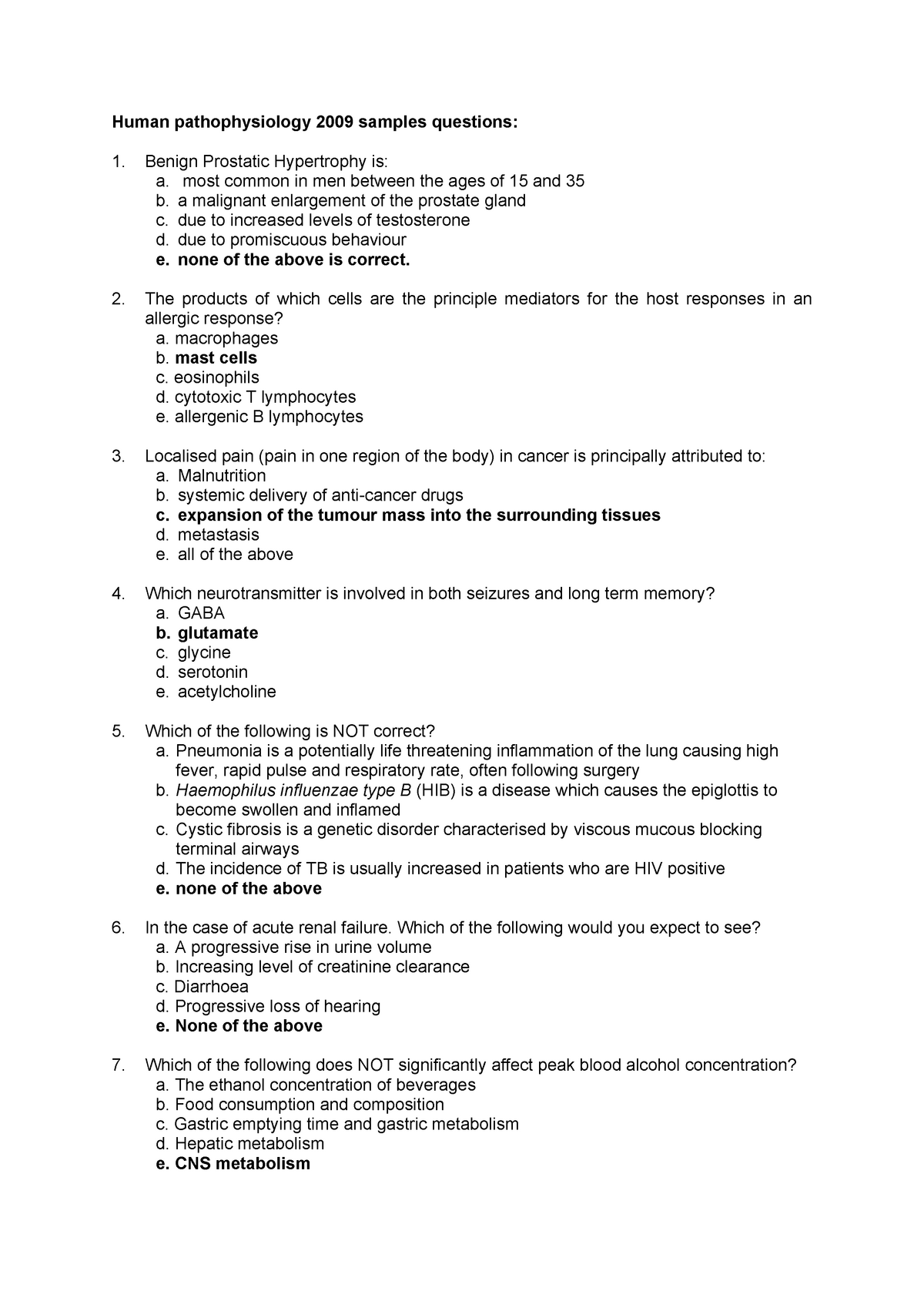 Sample/practice exam 2009, questions Human pathophysiology samples