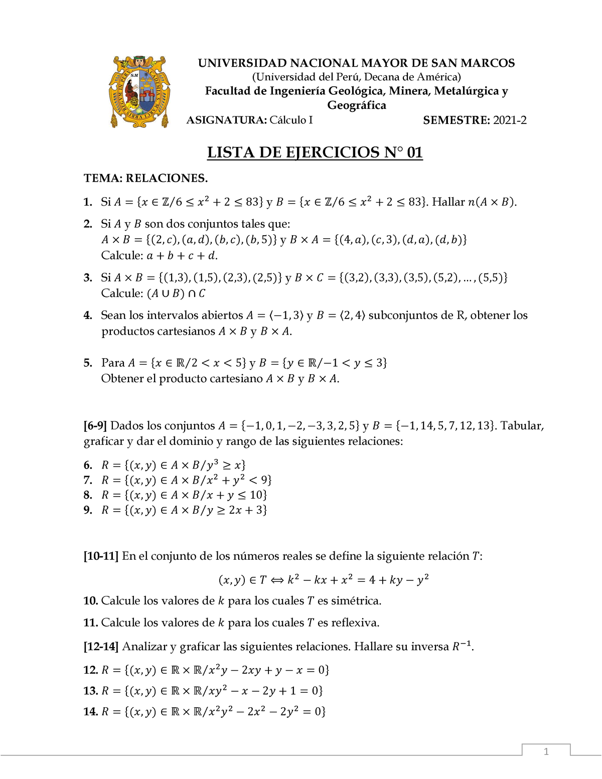 Lista De Ejercicios 1   Práctica Semana 1   1 UNIVERSIDAD NACIONAL