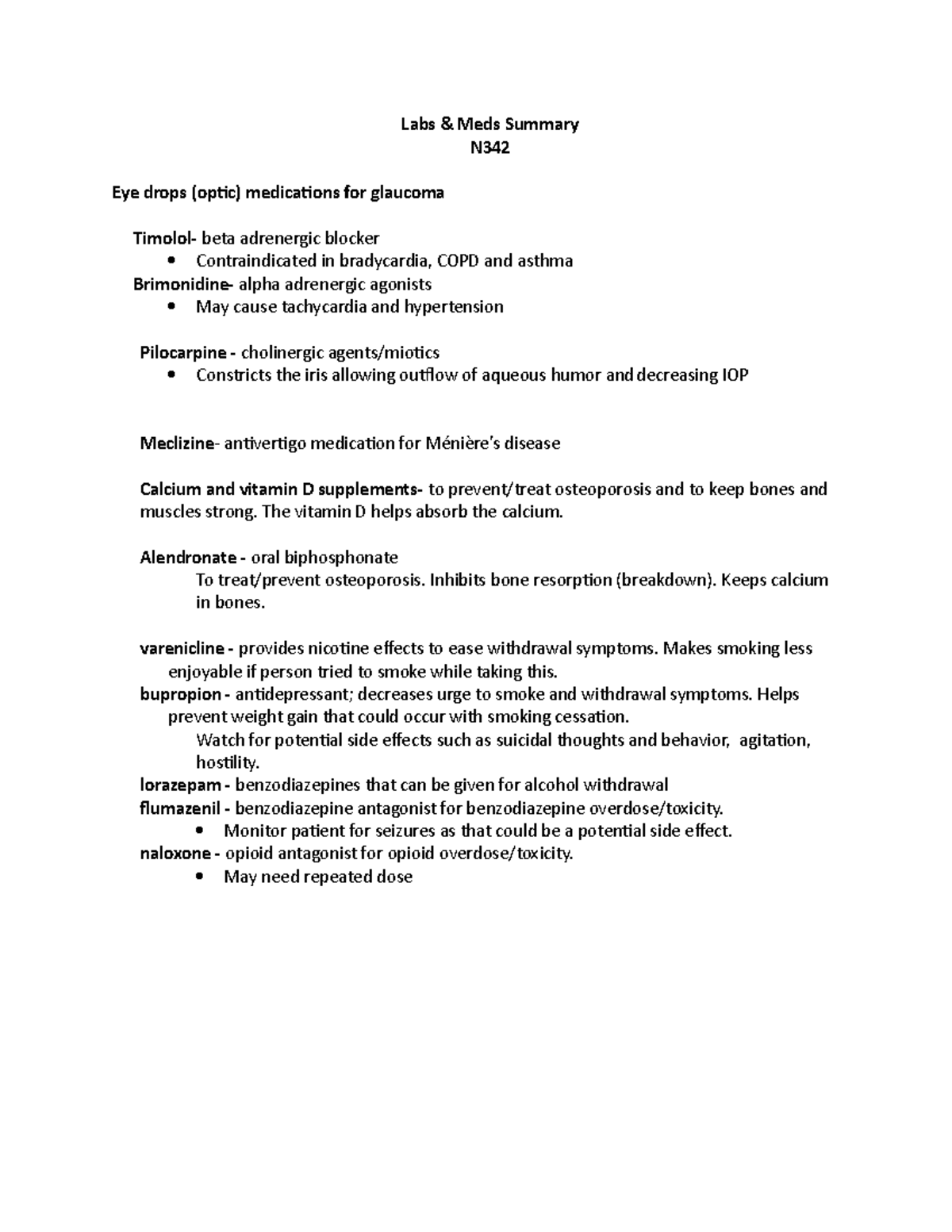Meds Labs EXAM 1 medications and labs for exam 1 Labs & Meds Summary N Eye drops (optic