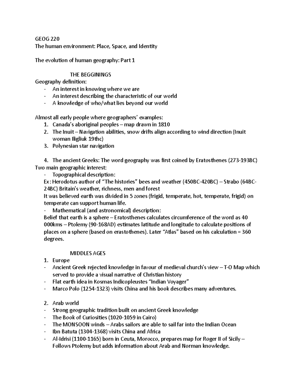 GEOG220 notes - GEOG 220 The human environment: Place, Space, and ...