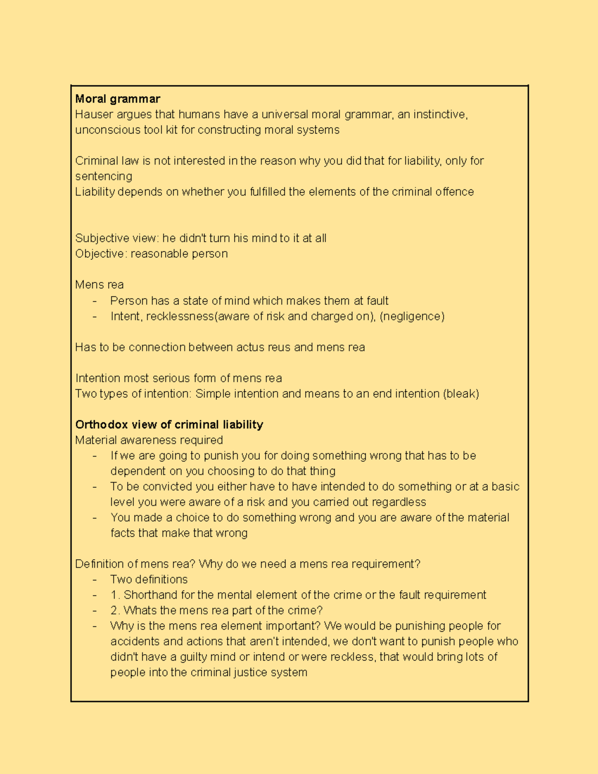 LAWS214Mens rea Mens rea indepth Moral grammar Hauser argues that