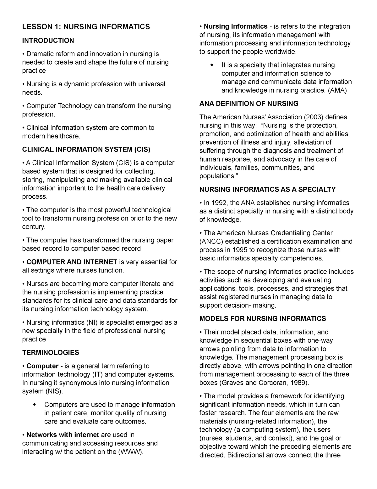 Nursing Informatics - LESSON 1: NURSING INFORMATICS INTRODUCTION ...