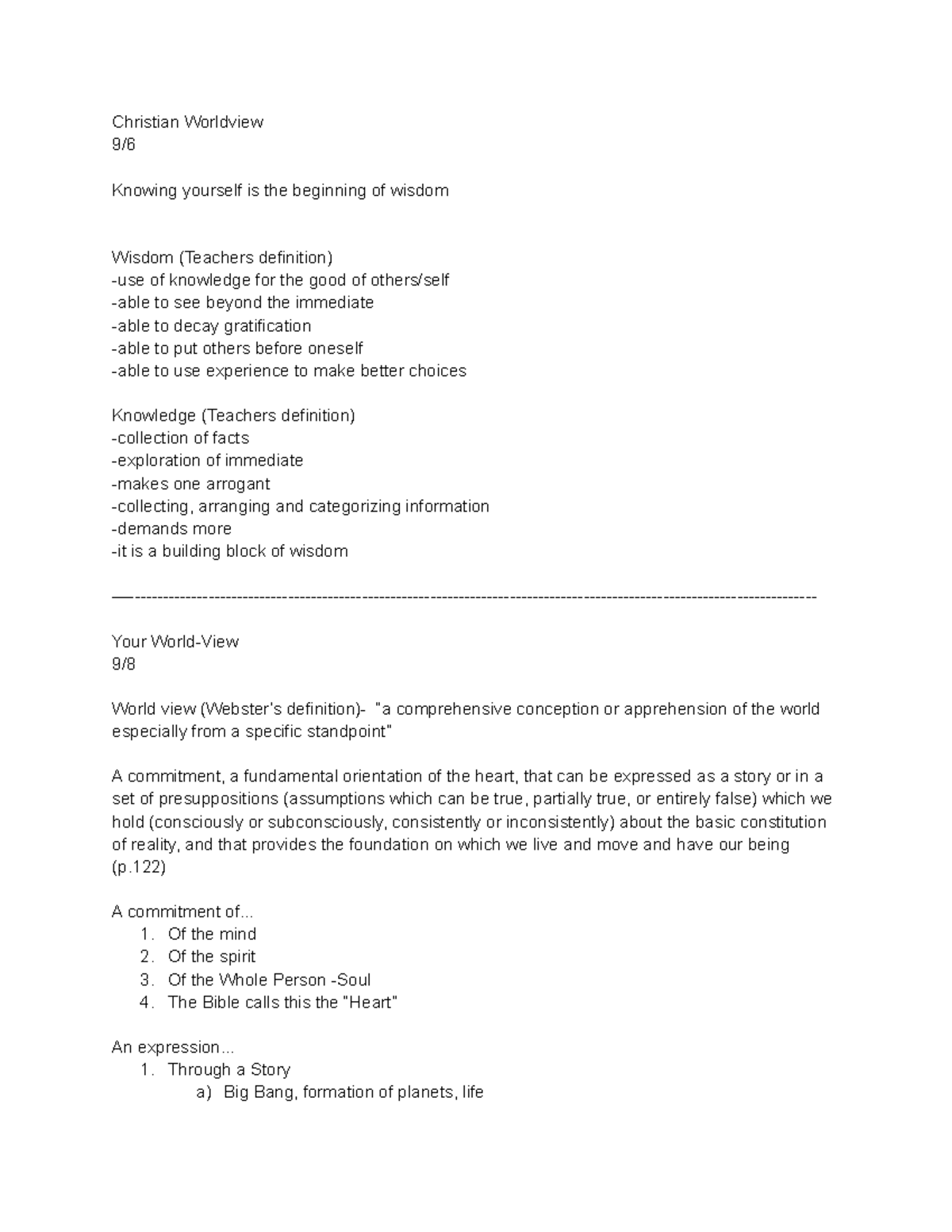 Topic 1 Notes - Christian Worldview 9/ Knowing yourself is the ...