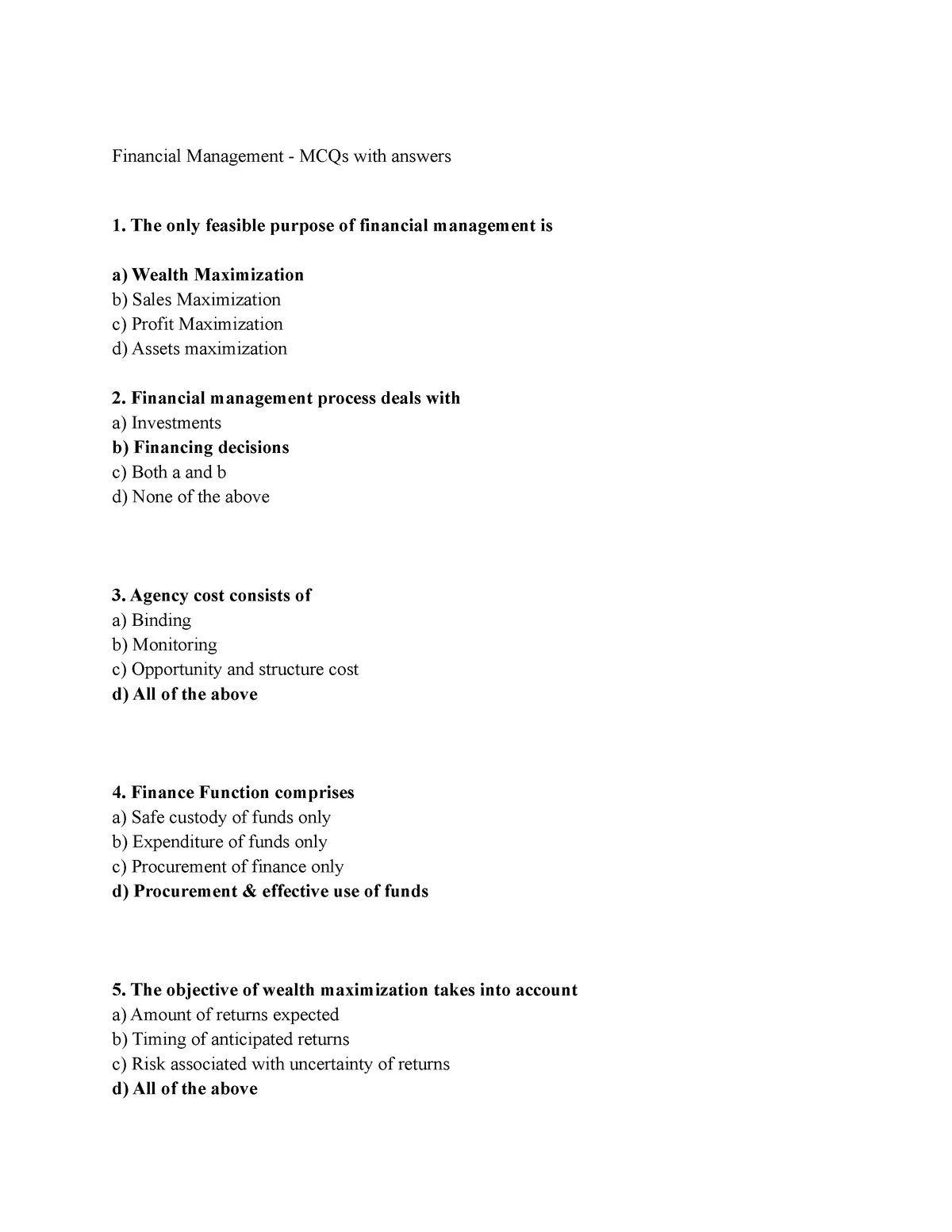 Financial Management 804 New - Financial Management - MCQs With Answers ...