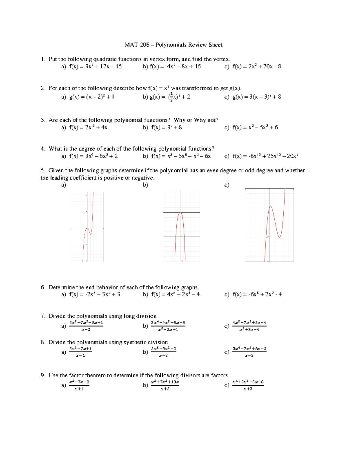 Review Sheet - Polynomial Functions - MAT 206 – Polynomials Review ...
