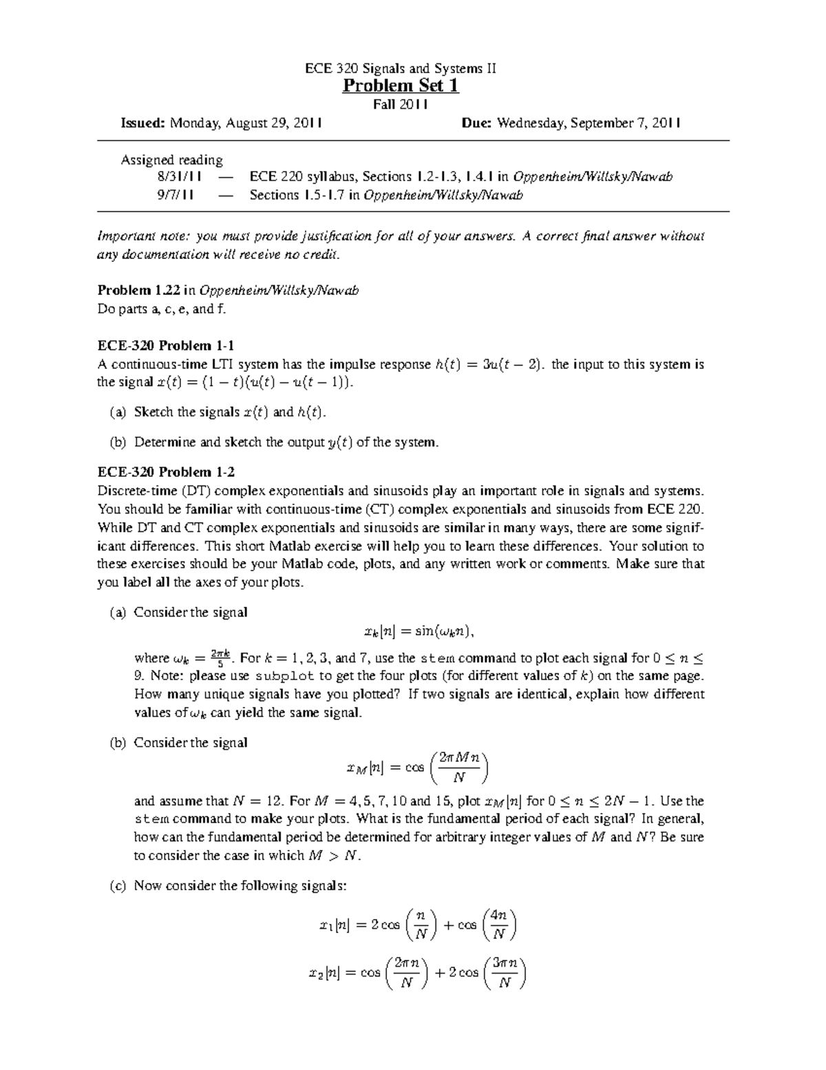 Problem Set 01 - 2011 - ECE 320 Signals and Systems II Problem Set 1 ...