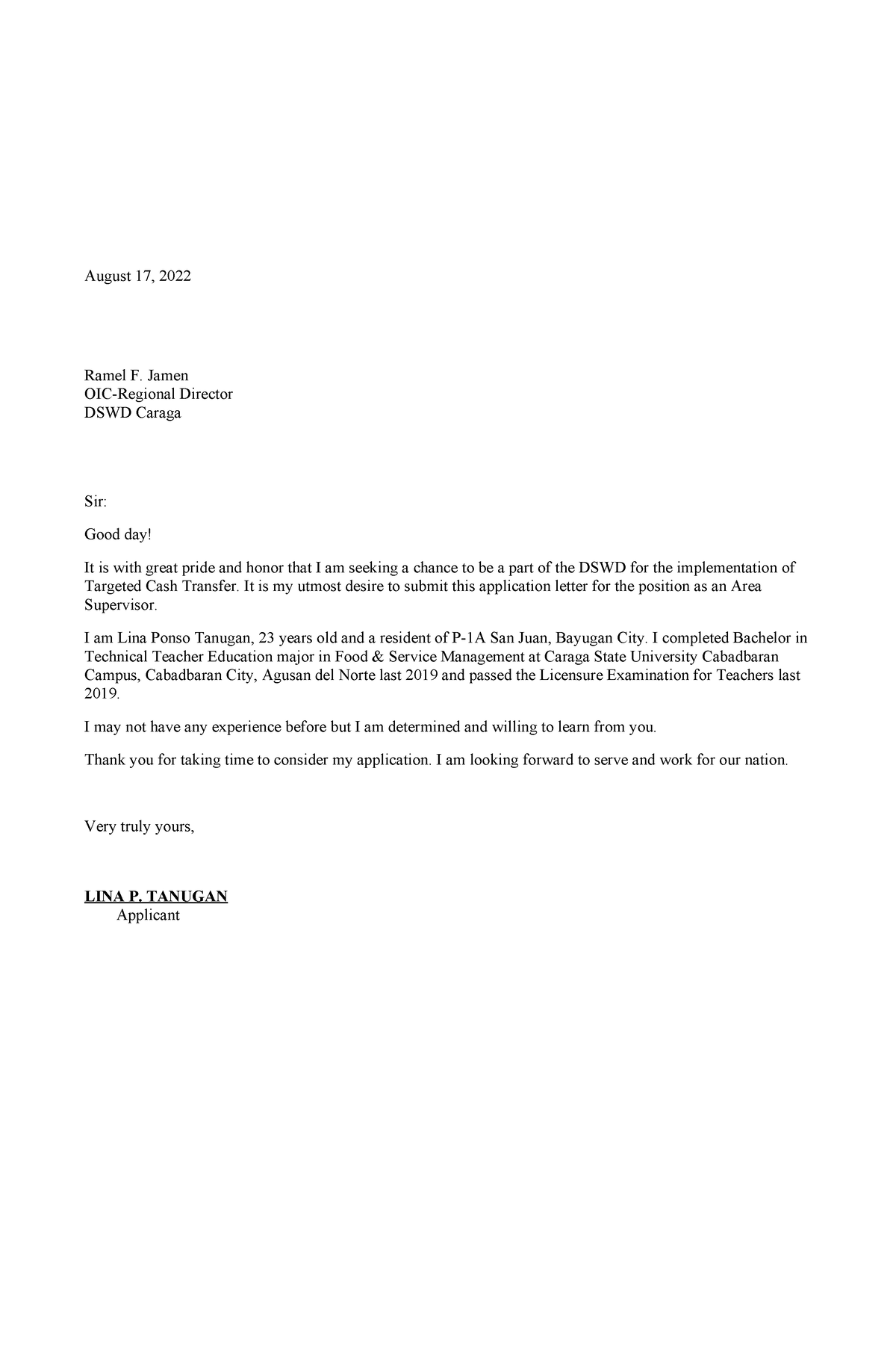 Application Letter - thank you - August 17, 2022 Ramel F. Jamen OIC ...